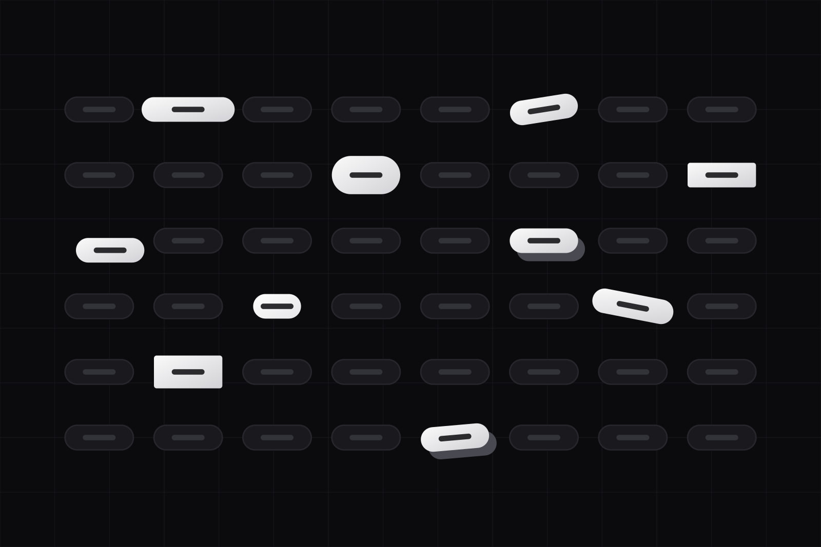 A grid of identical dark pills with ten that break the pattern in white: wider, taller, square, tilted, shifted or doubled