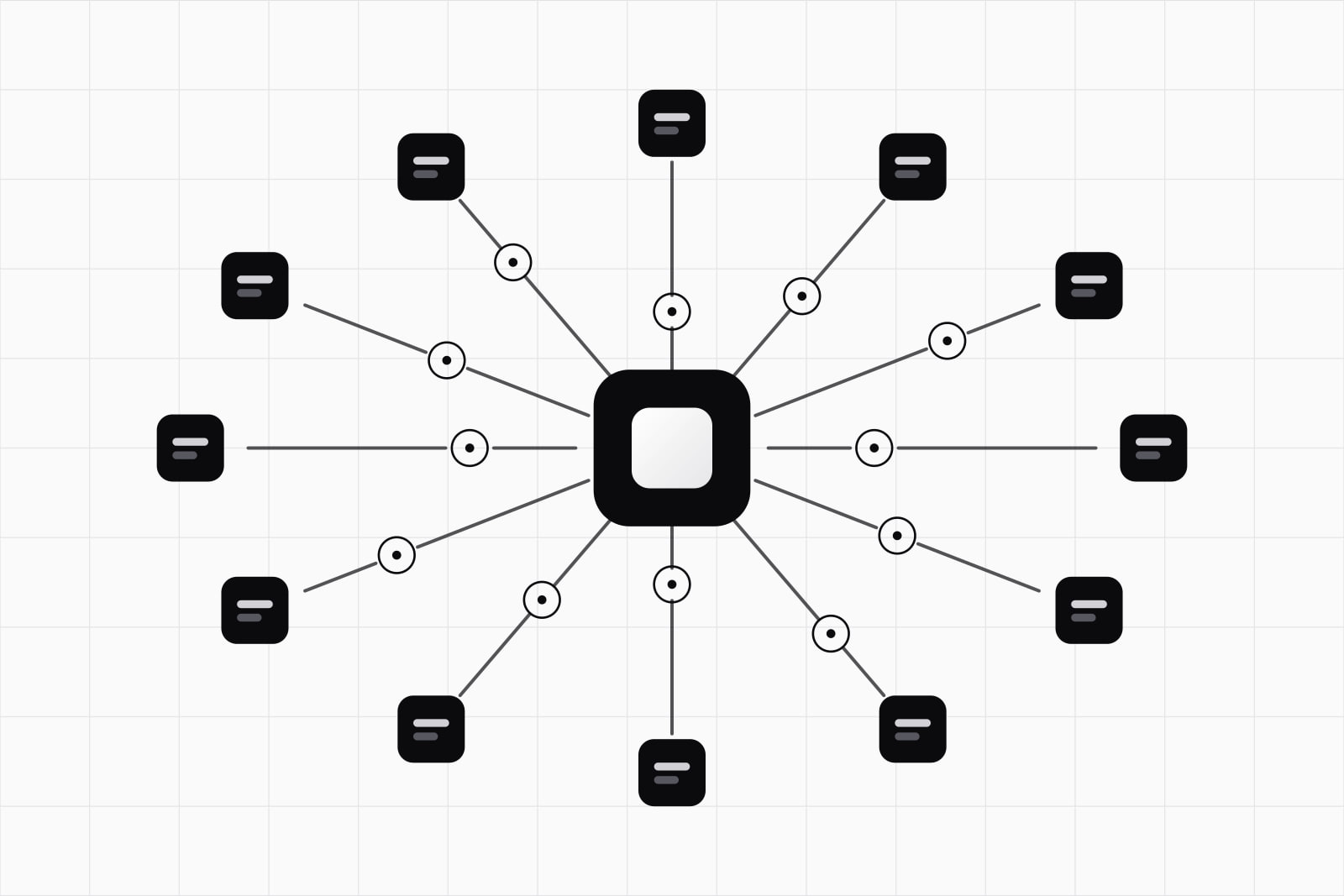 On a white ground, a central tile with twelve spokes out to twelve black tiles in a ring, each spoke broken by a gap marked with a white ring