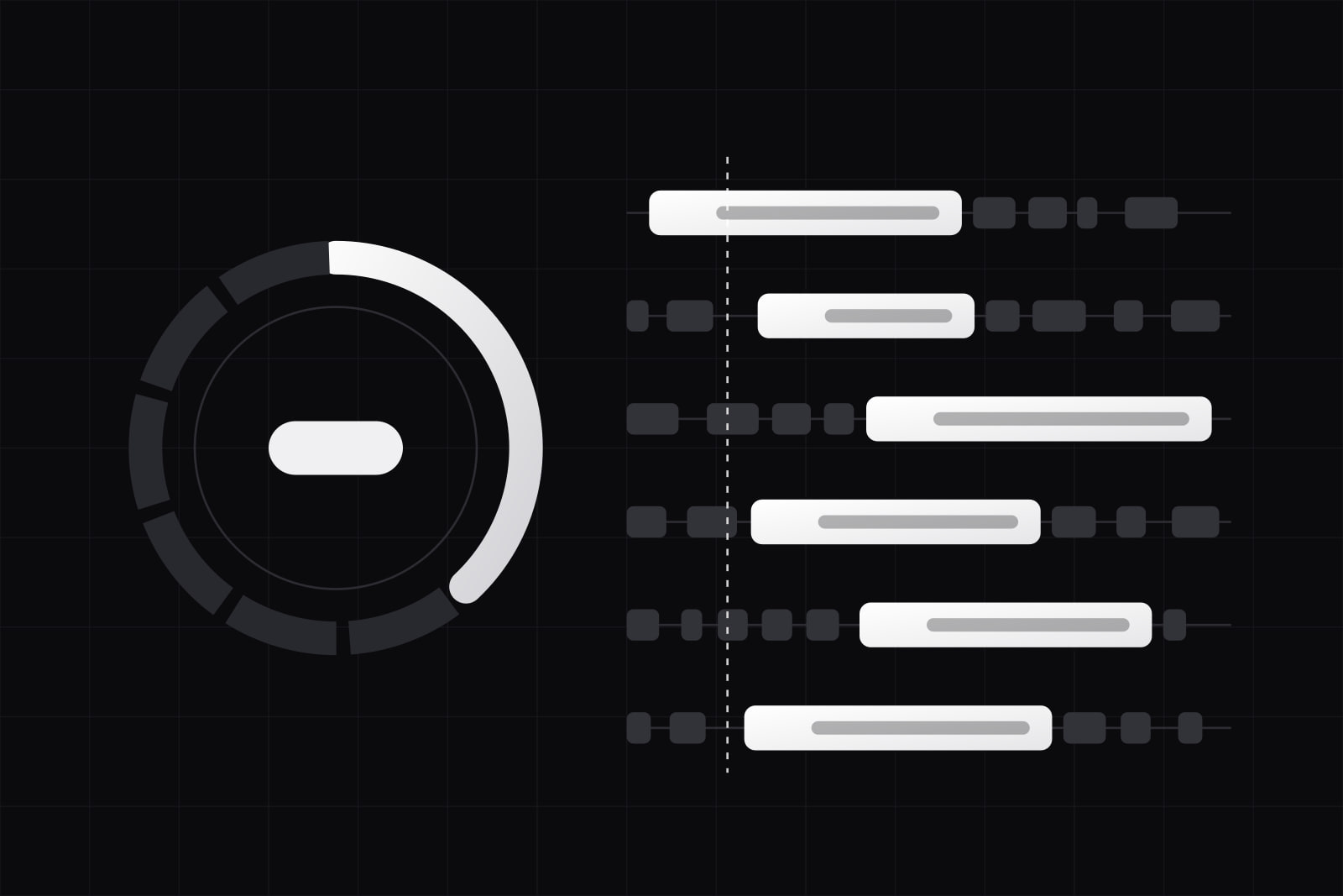 A ring gauge lit for less than half its length, the rest broken into six dark segments, beside six lanes of tasks each with one long white block past a dashed limit