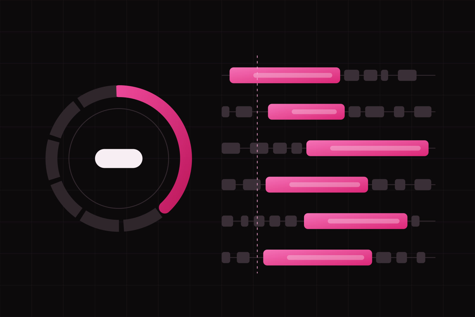 A ring gauge lit for less than half its length, the rest broken into six dark segments, beside six lanes of tasks each with one long amaranth block past a dashed limit