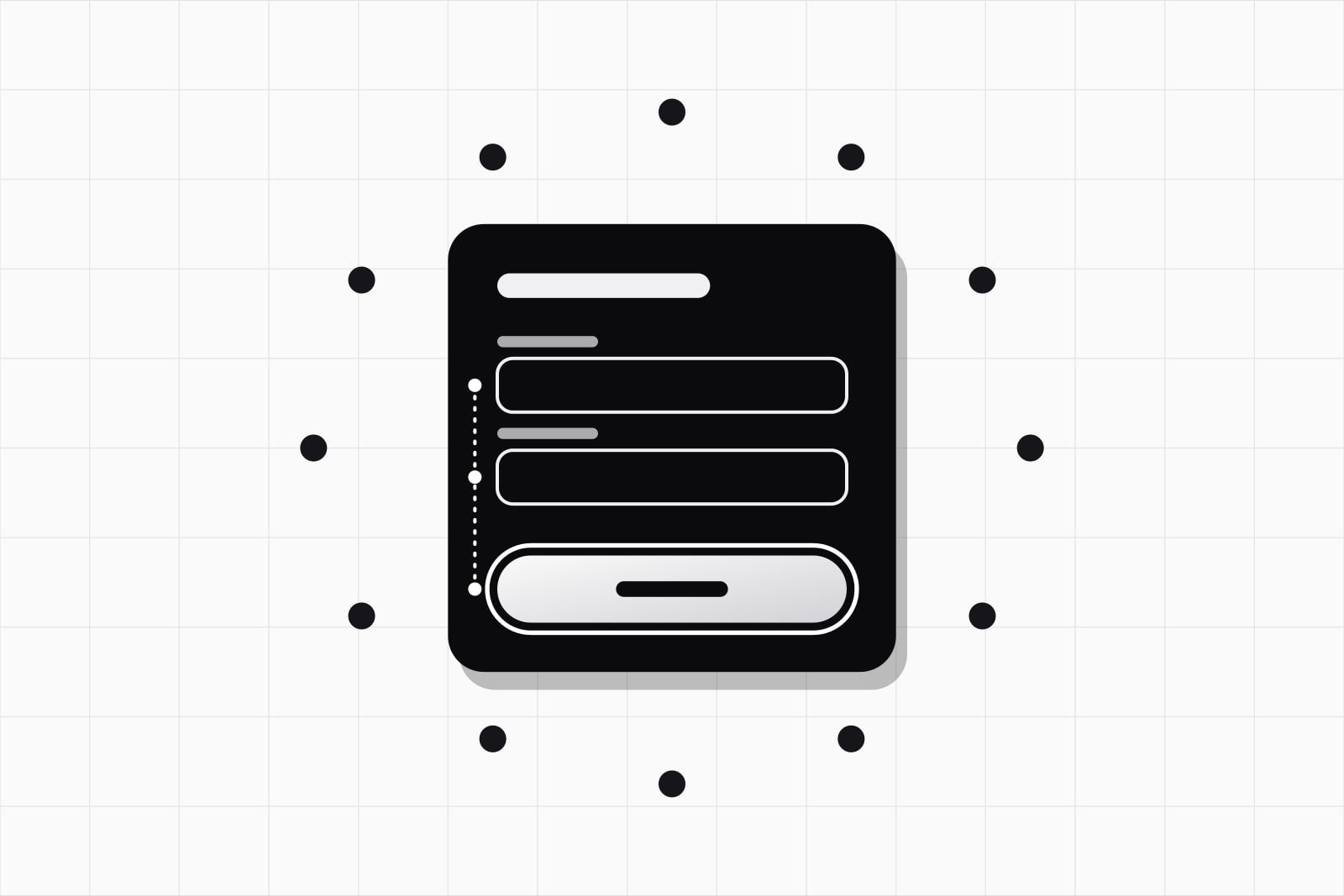 On a white ground, a ring of twelve black dots around a black form card whose fields are joined by a dashed keyboard path ending in a white focus ring on the button
