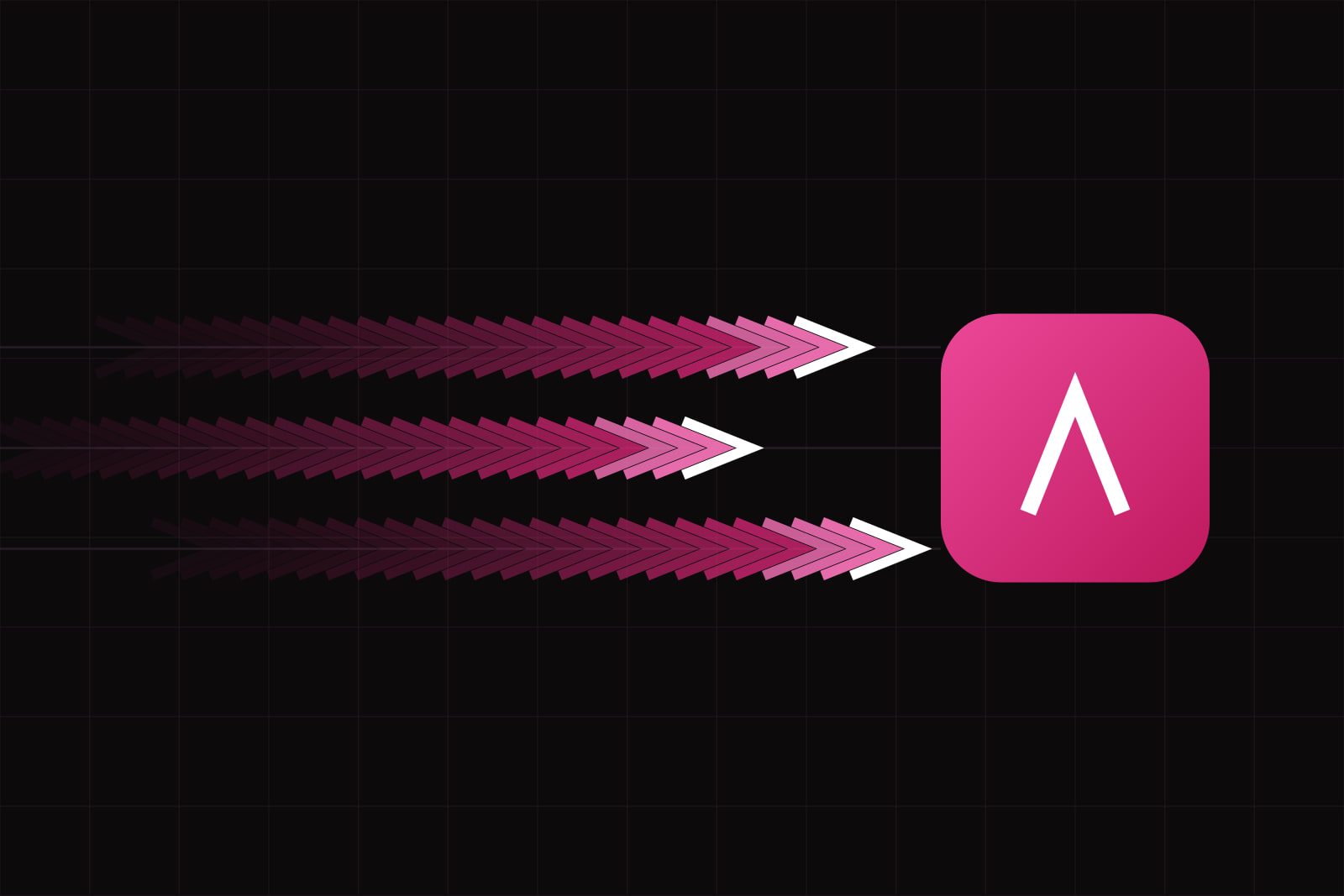 Three rows of arrow shapes trailing in fading amaranth toward one lit tile on the right