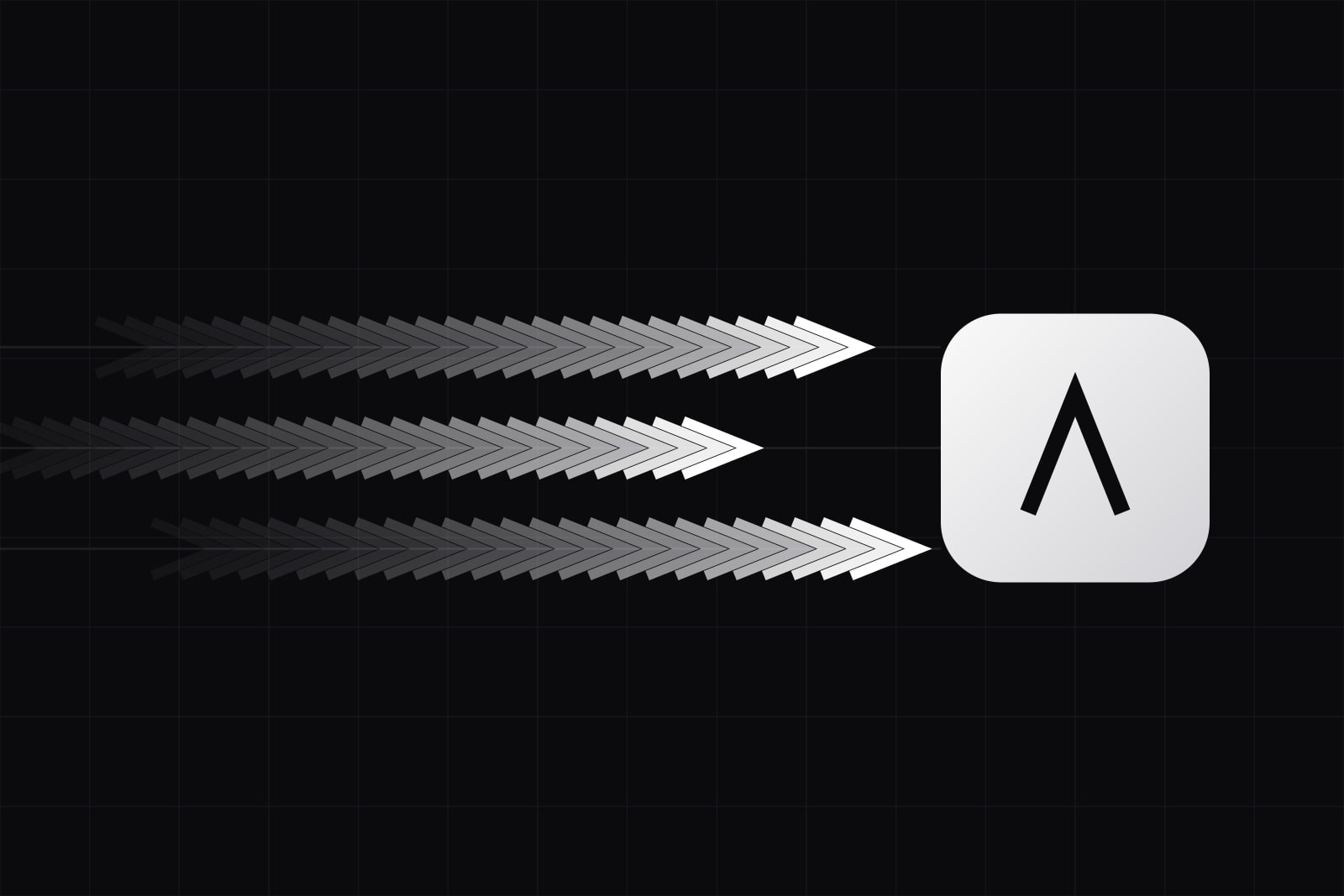 Three rows of arrow shapes trailing in fading white toward one lit tile on the right