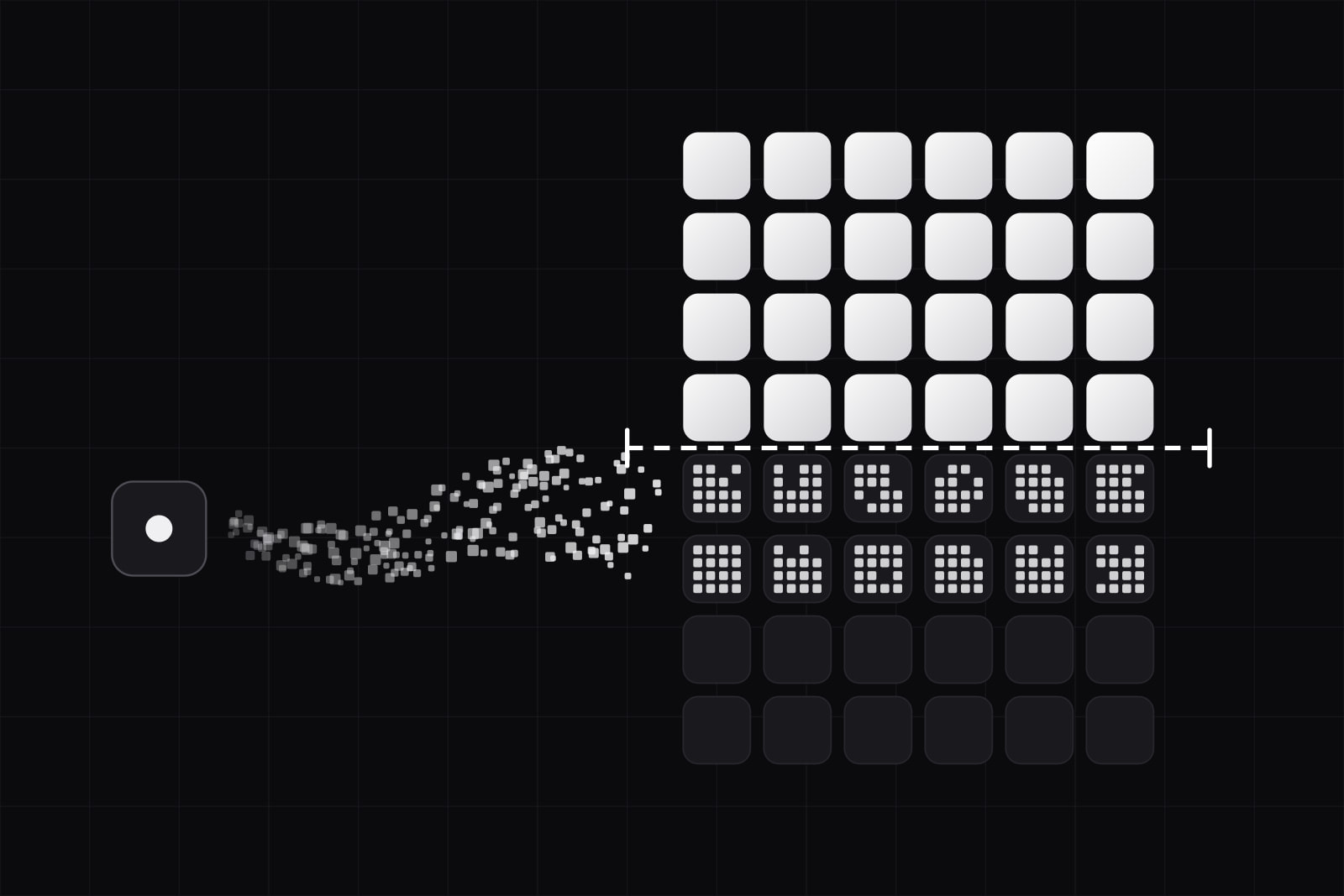 A stream of small white squares flowing into a block of tiles and filling it from below, stopped by a dashed white budget line, lit tiles above it