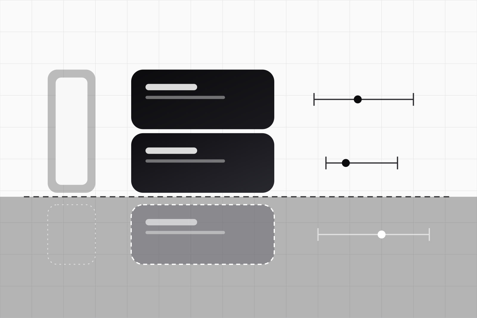 On a white ground, two black blocks above a waterline and a third block of equal size outlined below it, each with a range bar beside it