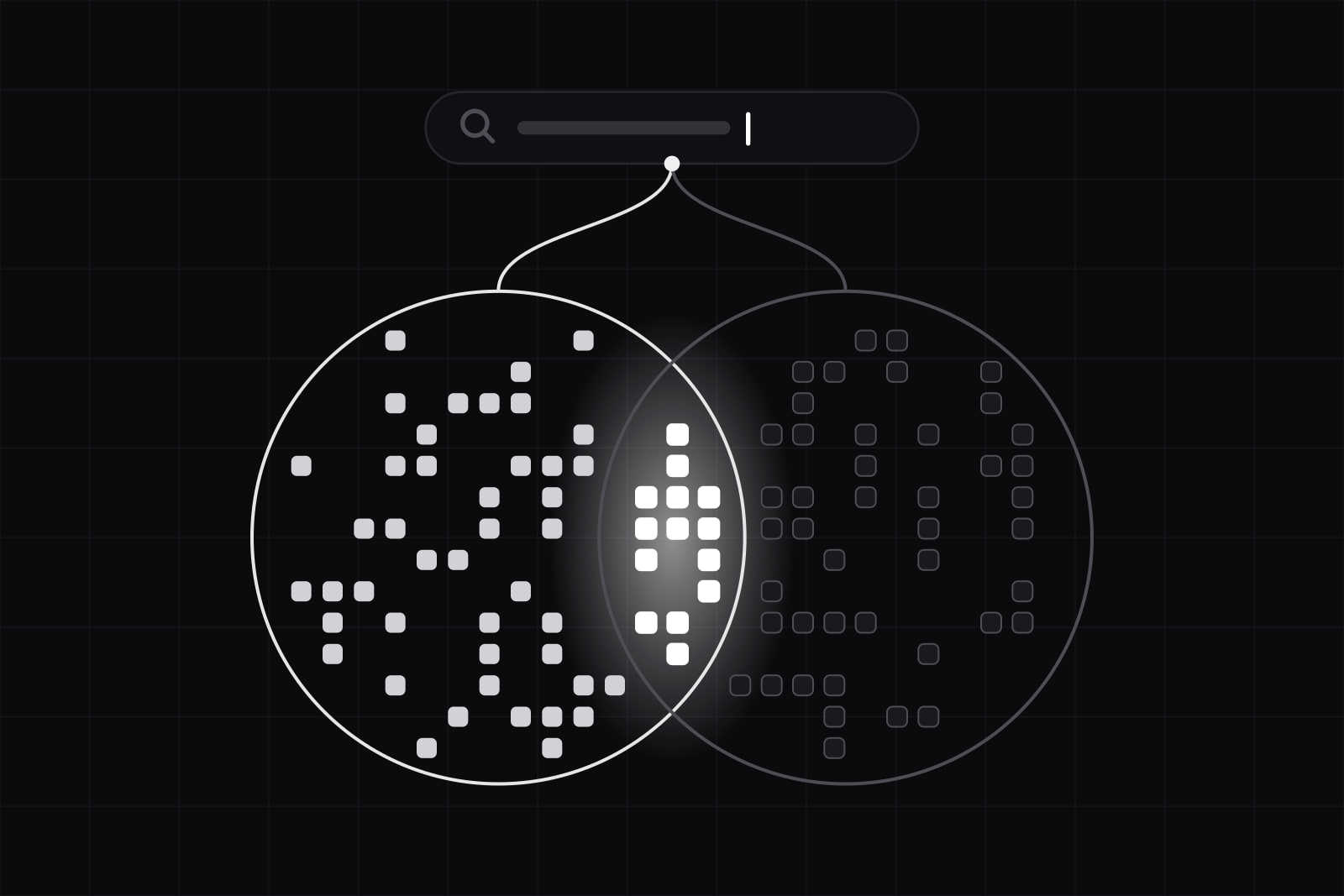 One search bar above two large overlapping circles of source tiles, white on the left and grey on the right, with a few glowing white tiles in their thin shared lens