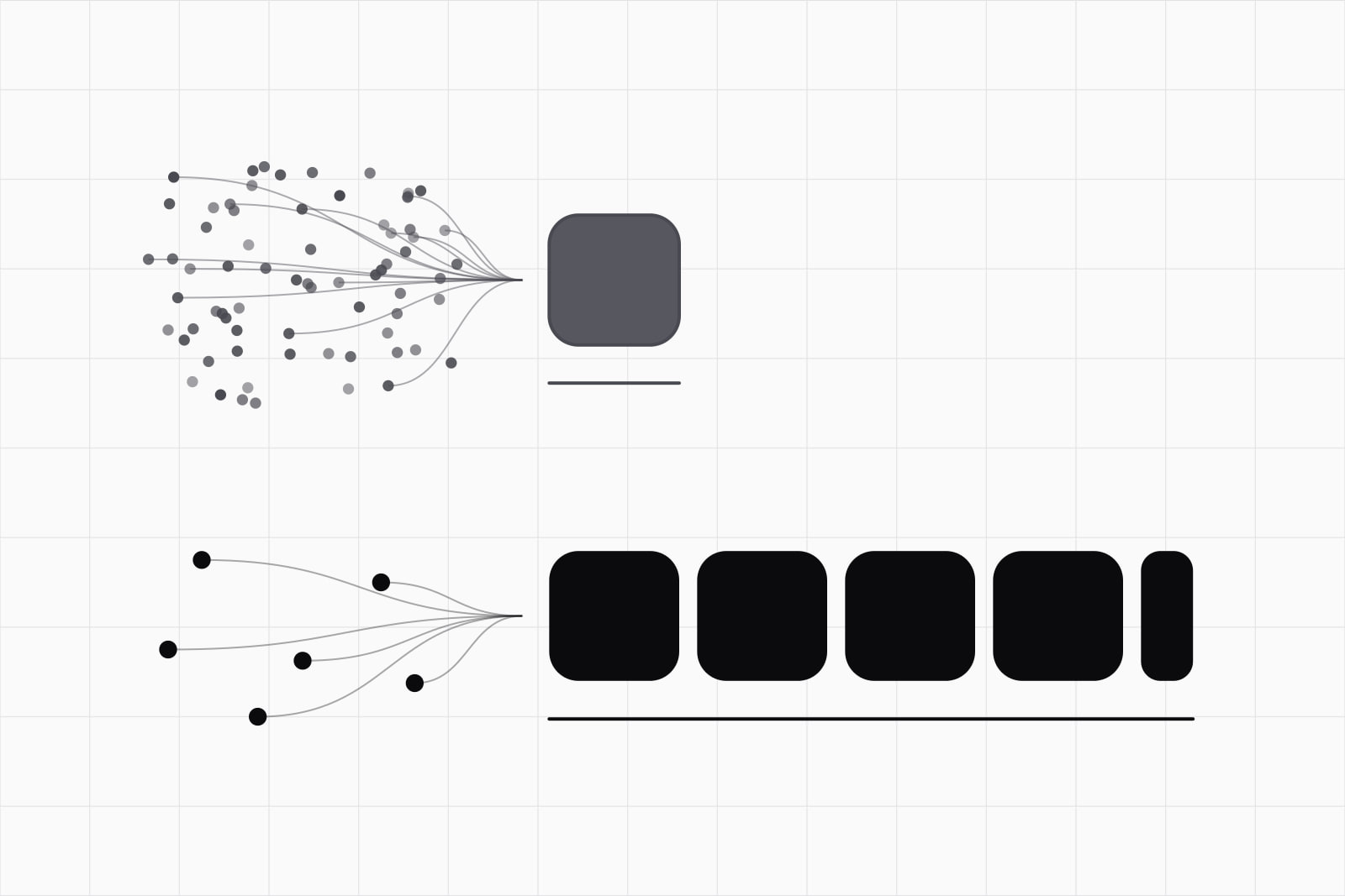 On a white ground, a dense crowd of grey dots feeding one small grey tile, and below it a handful of black dots feeding a row of four and a fraction black tiles