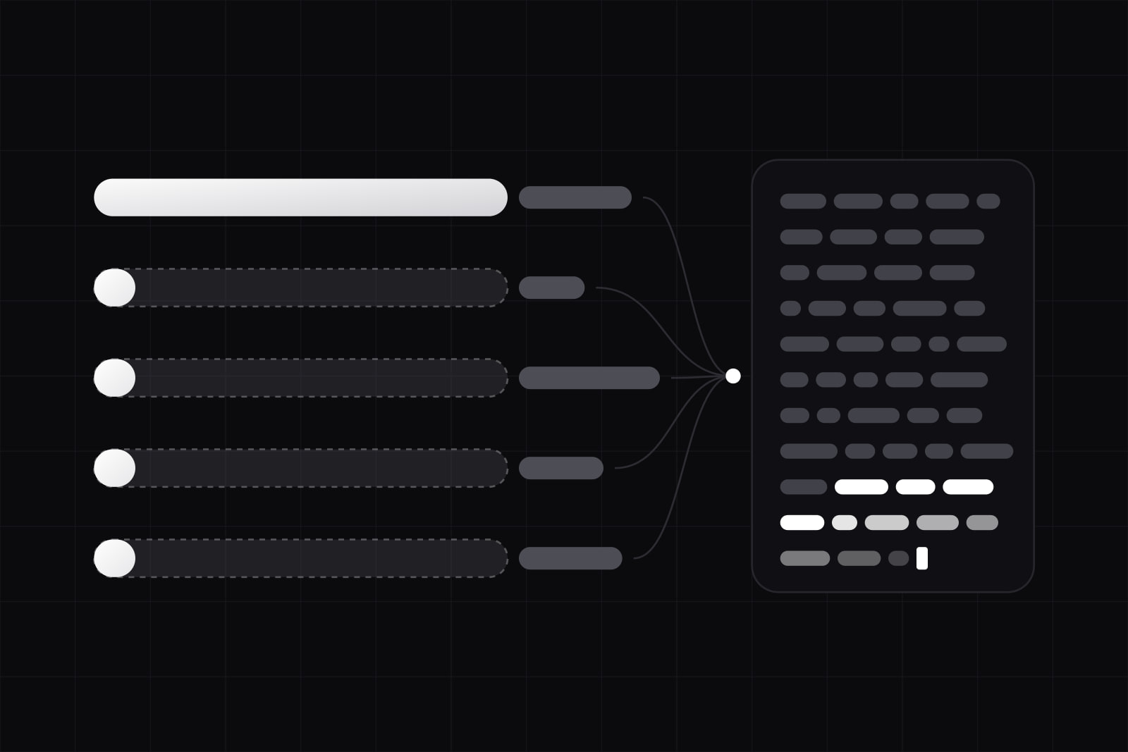 Five request bars sharing one prefix, the first fully lit and four as outlines lit only for a tenth of their length, streaming into an answer panel of token chips