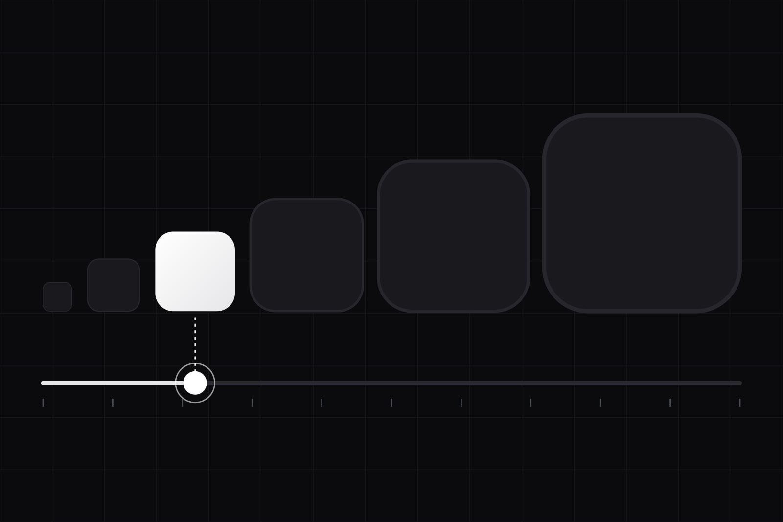 Six dark squares growing from tiny to very large along a baseline, one of them lit, with a slider under the row set beneath the lit one