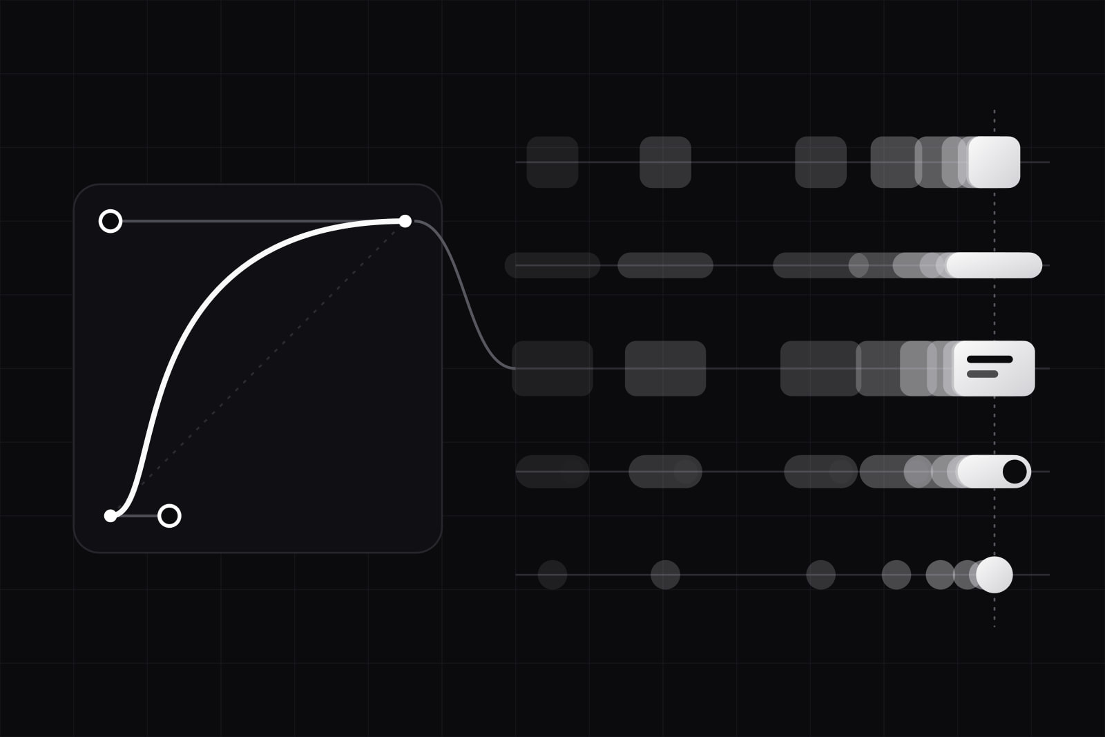 Left, a dark square plot with one lit easing curve and its two control handles; right, five tracks where a tile, a pill, a card, a toggle and a dot each move in fading copies bunched toward the same lit end line