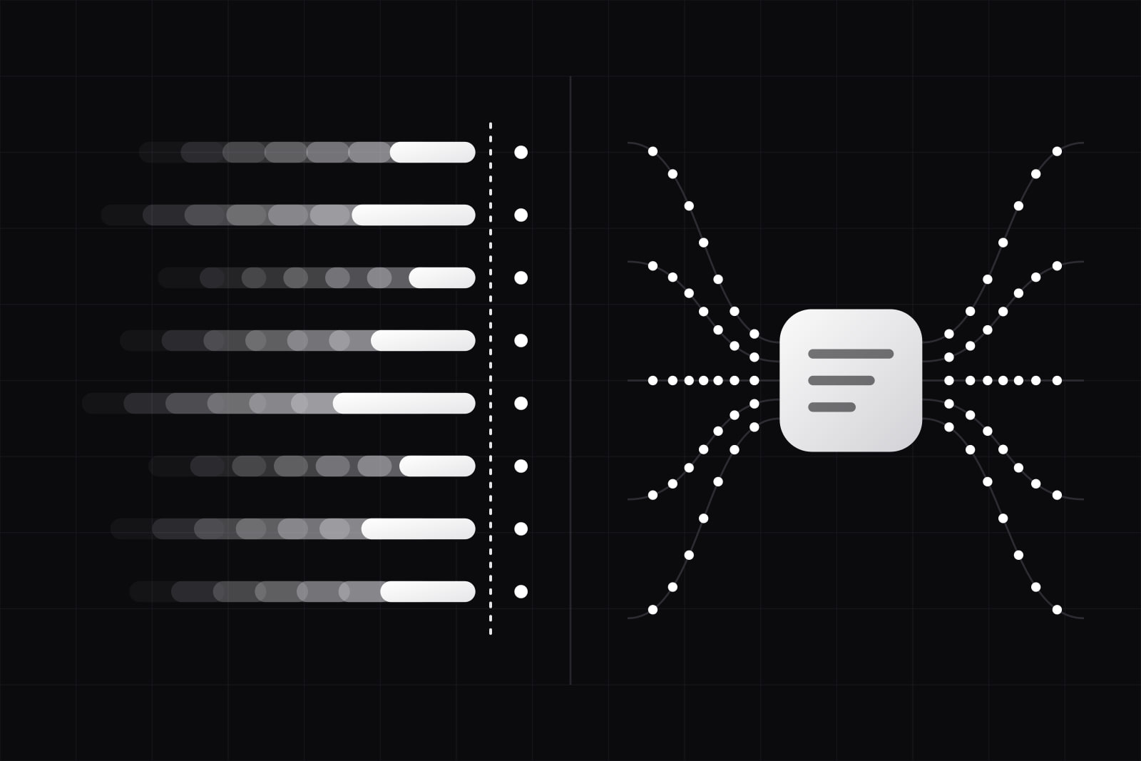 Left, eight short white bars racing to a finish line with fading trails; right, one lit tile with steady streams of dots flowing through it