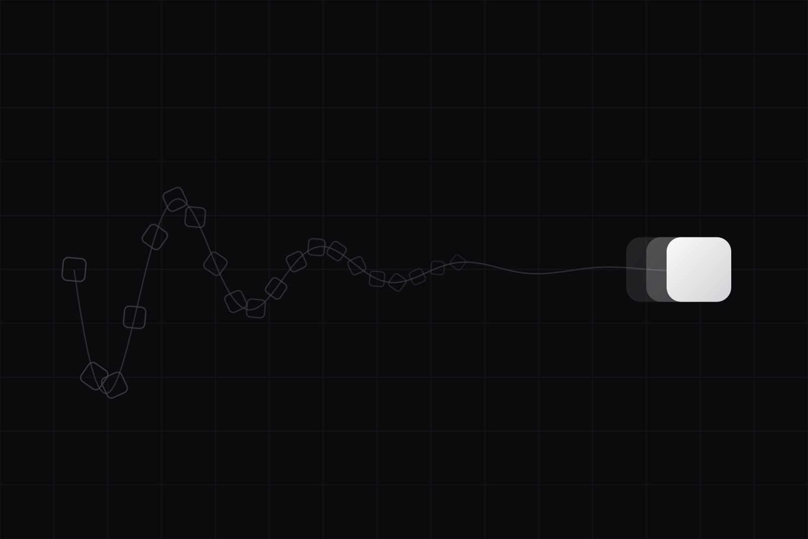 Grey tiles tumbling along a wide wave on the left that dies away to a flat line, ending in one still white tile on the right