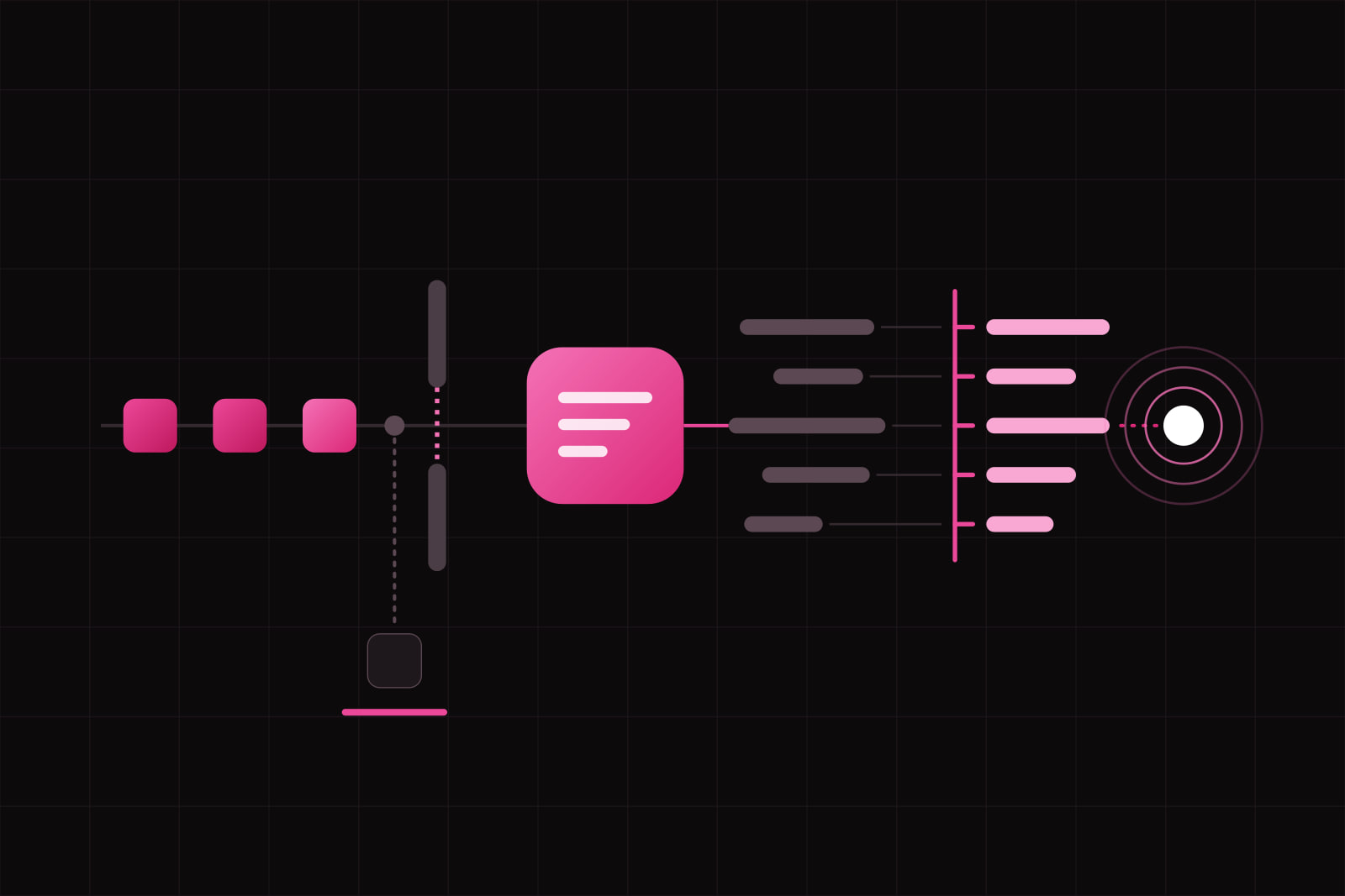 A line of lit calls passing a gate, one grey call turned down to a stop, a lit tool tile, ragged pills combed into straight ones, and a ringing signal at the end