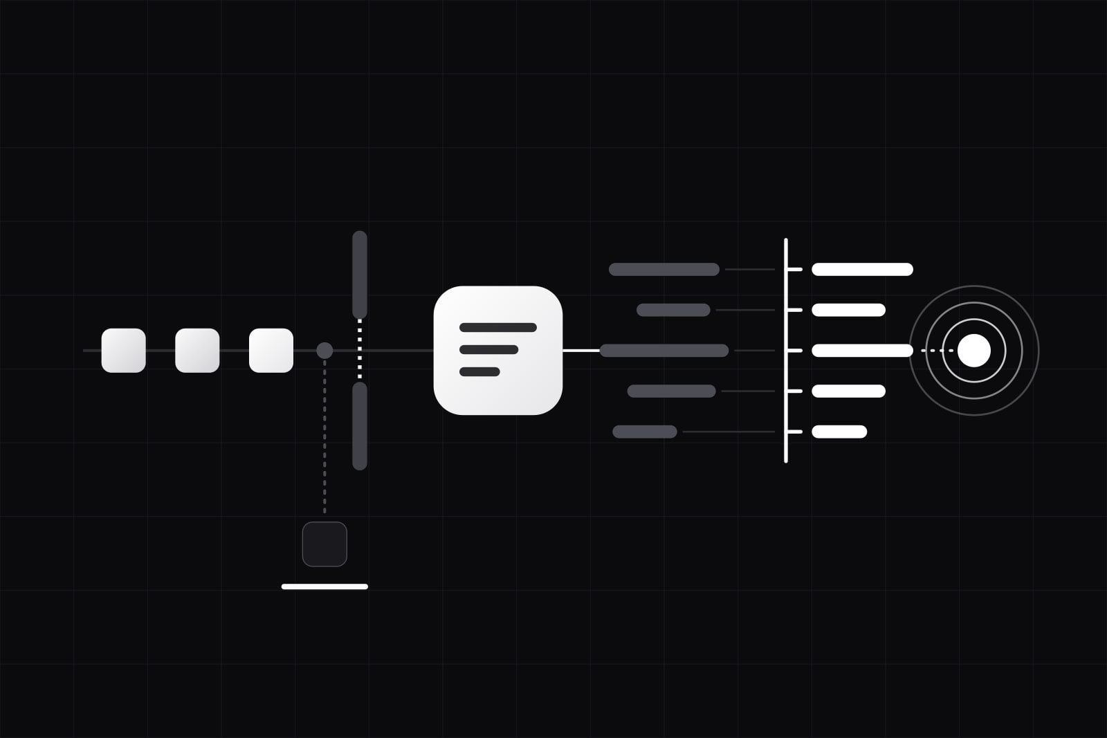 A line of lit calls passing a gate, one grey call turned down to a stop, a lit tool tile, ragged pills combed into straight ones, and a ringing signal at the end