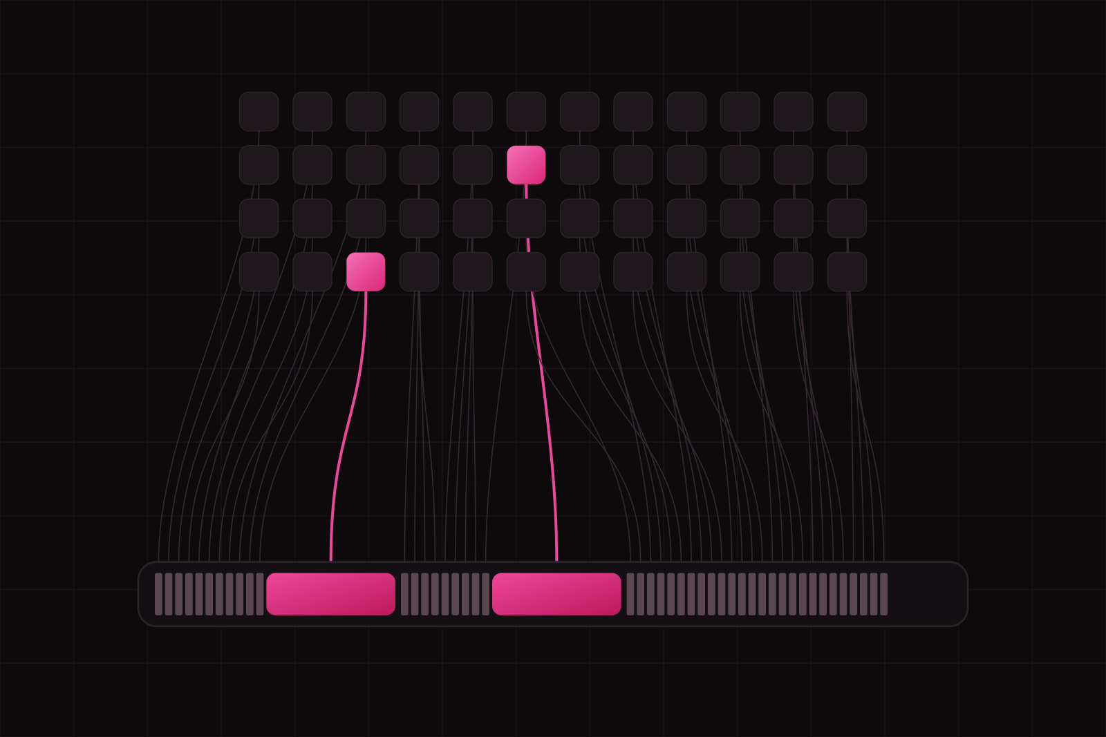 Four rows of small dark tiles, two lit, each wired down to a context bar: forty-six thin quiet slices and two wide lit blocks