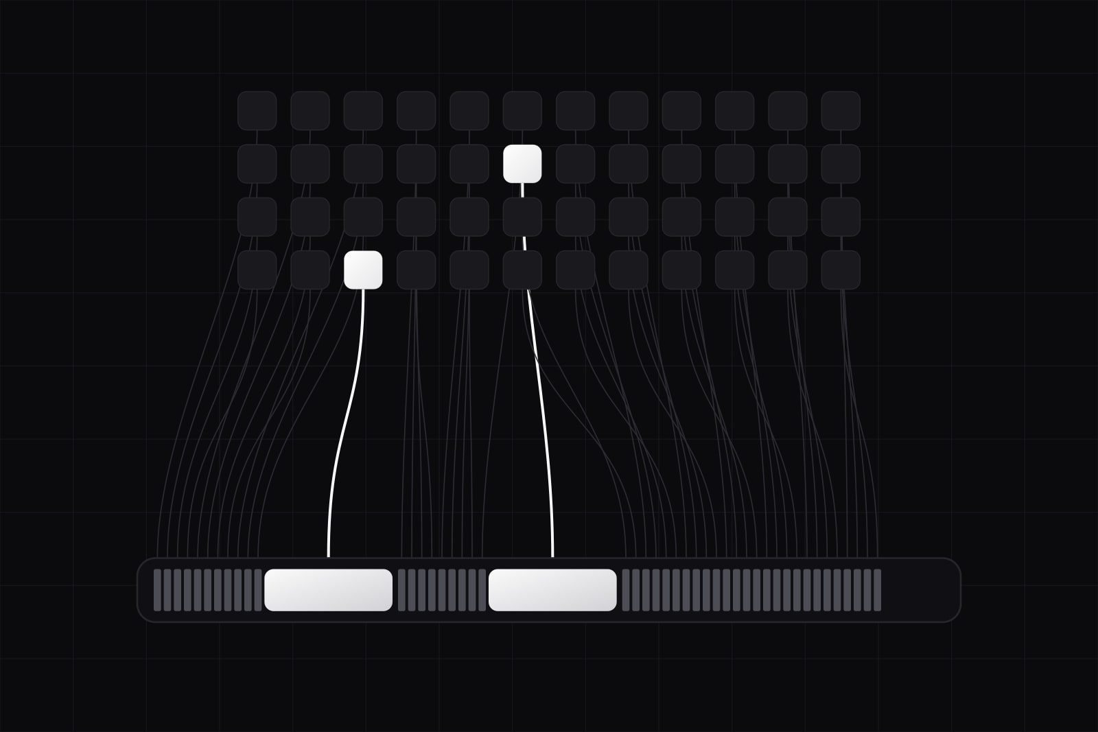 Four rows of small dark tiles, two lit, each wired down to a context bar: forty-six thin quiet slices and two wide lit blocks