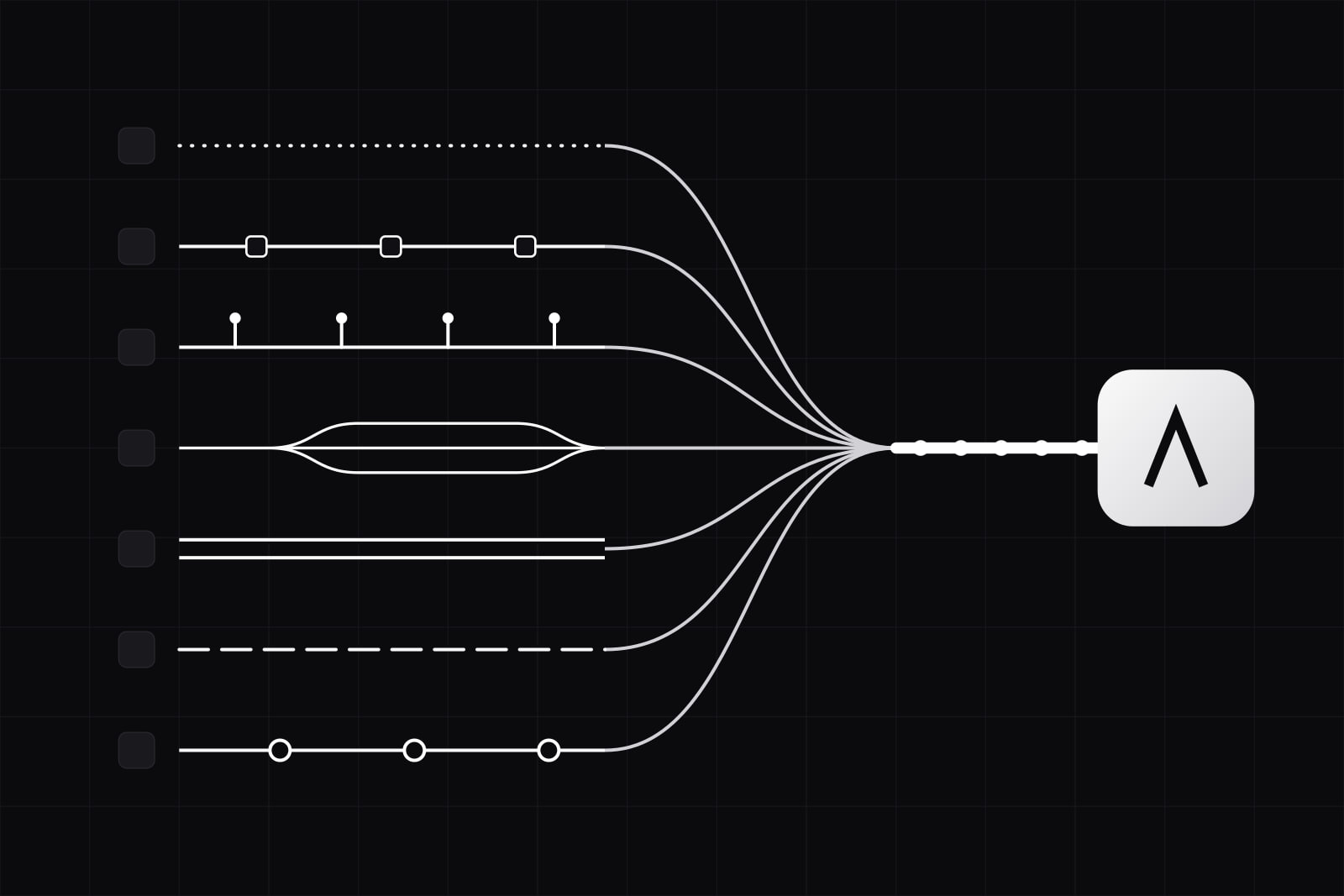 Seven lanes of different line patterns running from the left and merging into one thick white trunk with evenly spaced commit dots, ending at a large lit tile