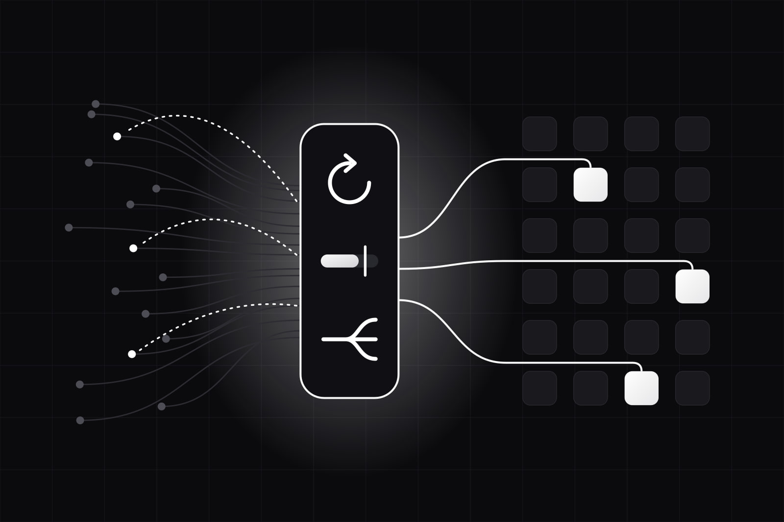 Many request lines converging on one lit gateway panel with a loop, a capped meter and a fork inside, then routed to three of twenty-four provider tiles