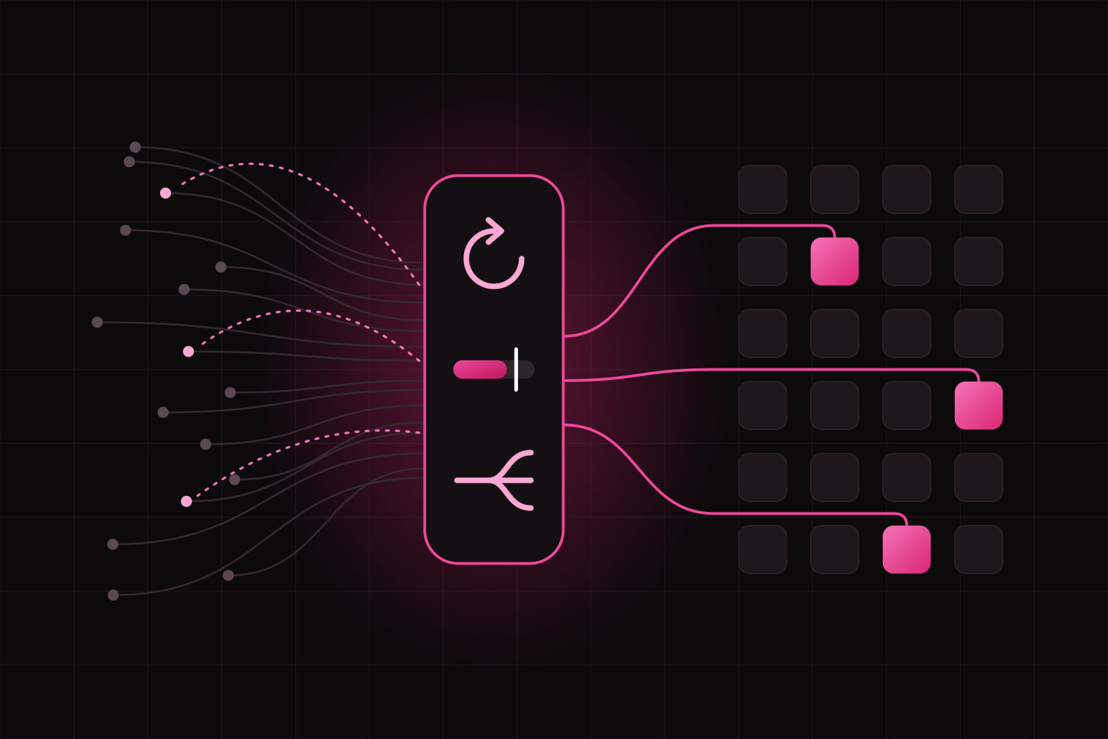 Many request lines converging on one lit gateway panel with a loop, a capped meter and a fork inside, then routed to three of twenty-four provider tiles
