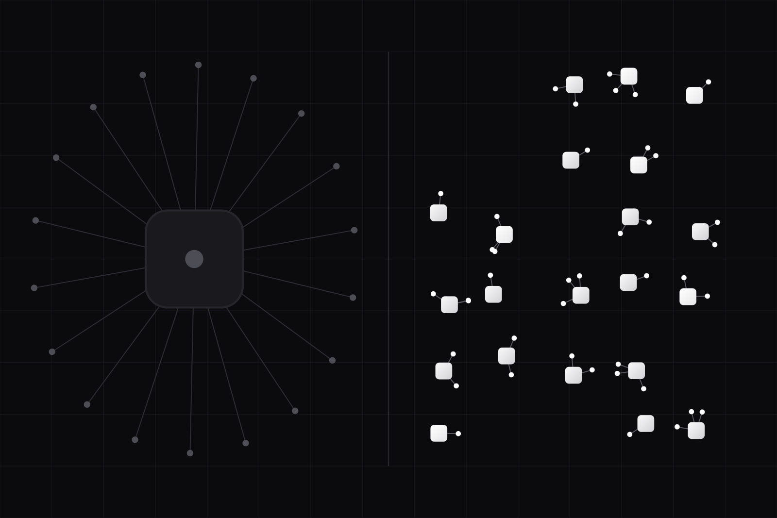 Left, one large dark tile with long lines reaching it from dots at the edges; right, a spread of small white tiles each with dots close beside it