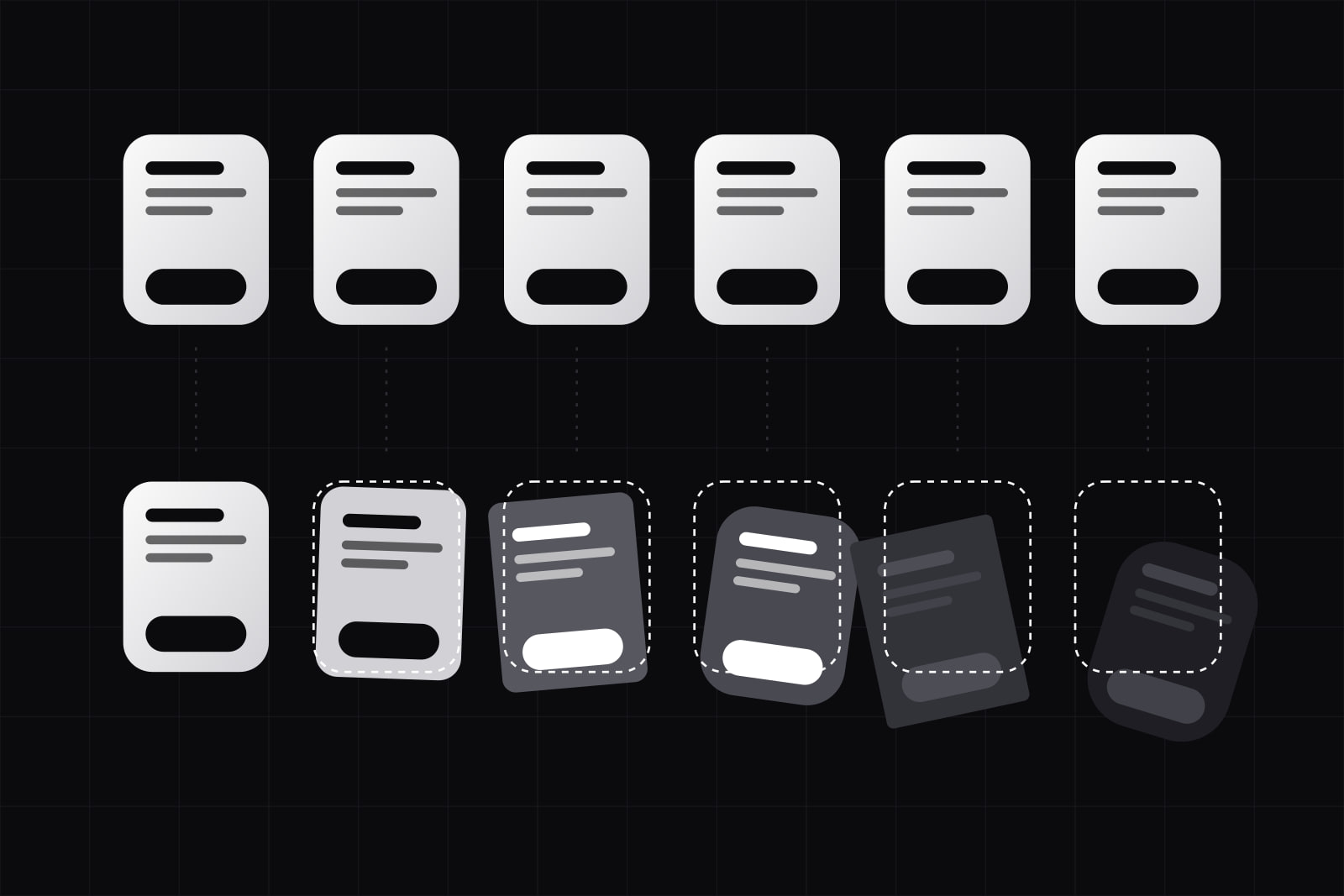 A row of six identical white components above, and below it six copies that tilt, shift and fade further each time, each with a dashed outline of the original over it