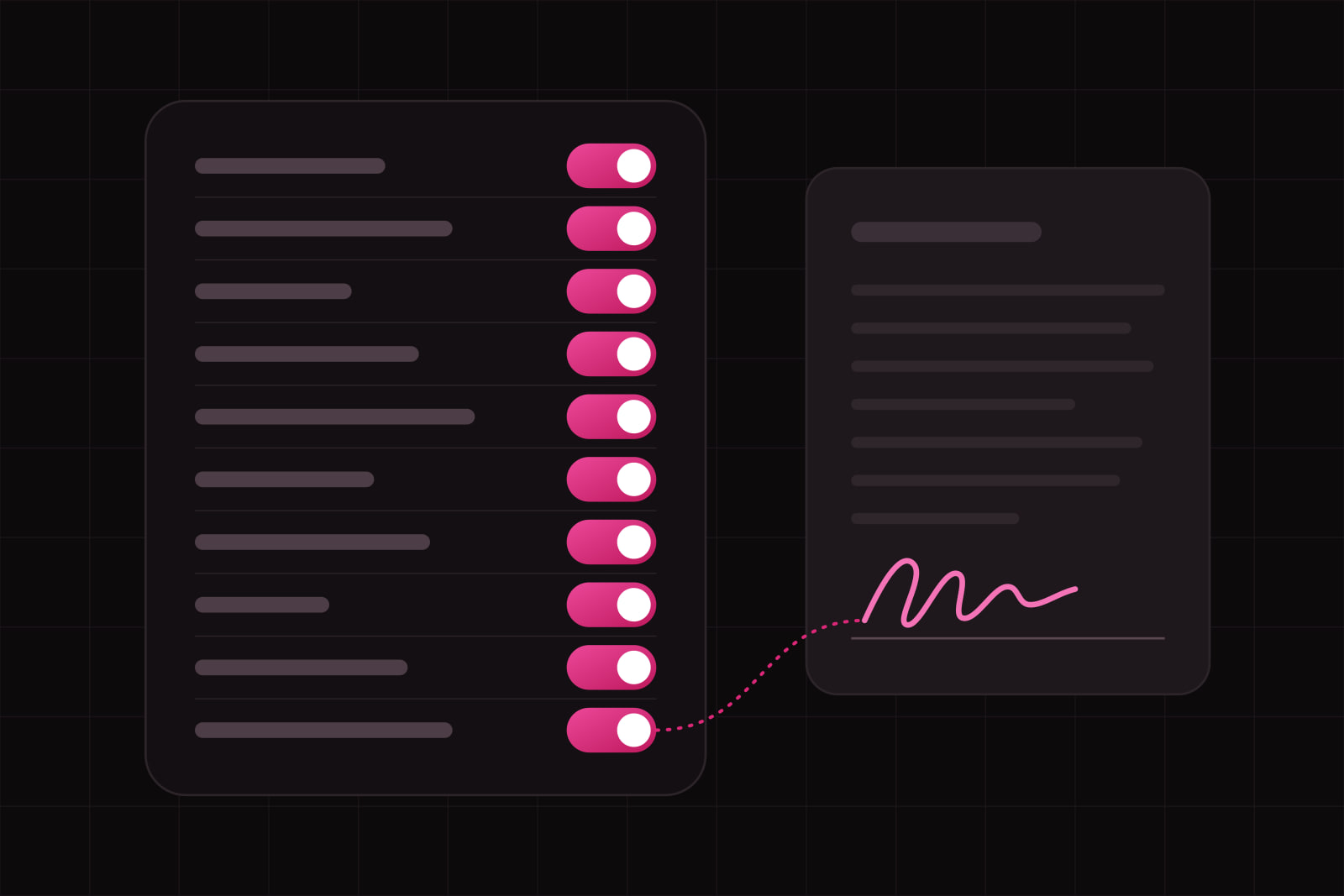 A panel of ten switches all turned on in amaranth, beside a document with an amaranth signature at its foot