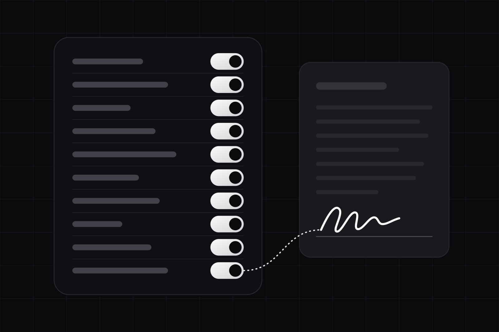 A panel of ten switches all turned on in white, beside a document with a white signature at its foot