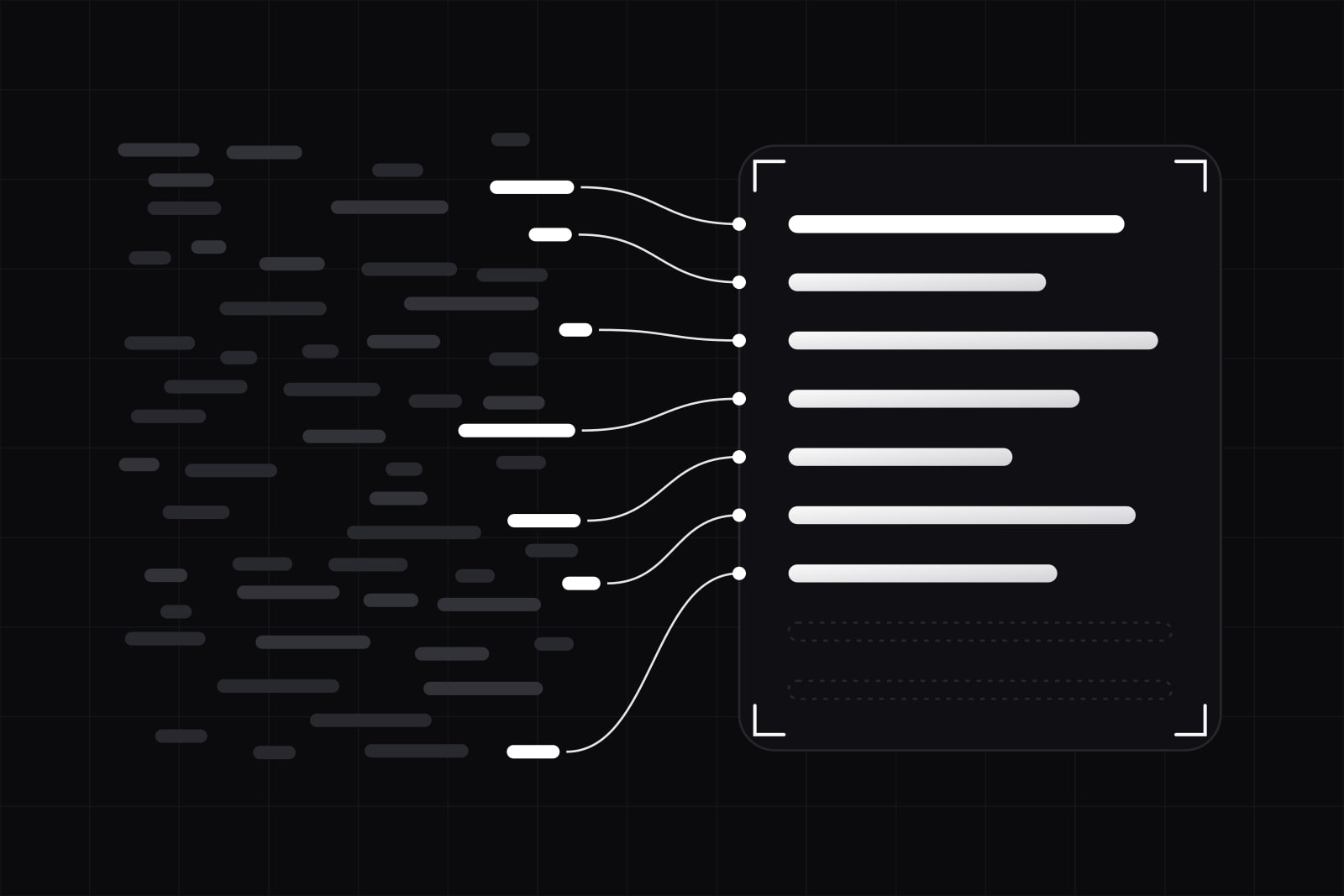 A loose cloud of dim pills on the left, seven lit ones drawn by lines into ordered rows inside a window whose last rows stay empty