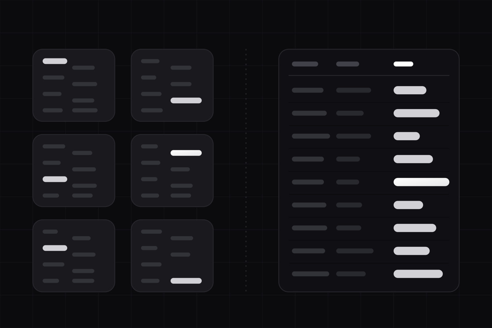 Left, six dark cards in a grid, each with a white bar in a different corner; right, a dark table of nine rows whose white bars line up in one column, the longest one brighter