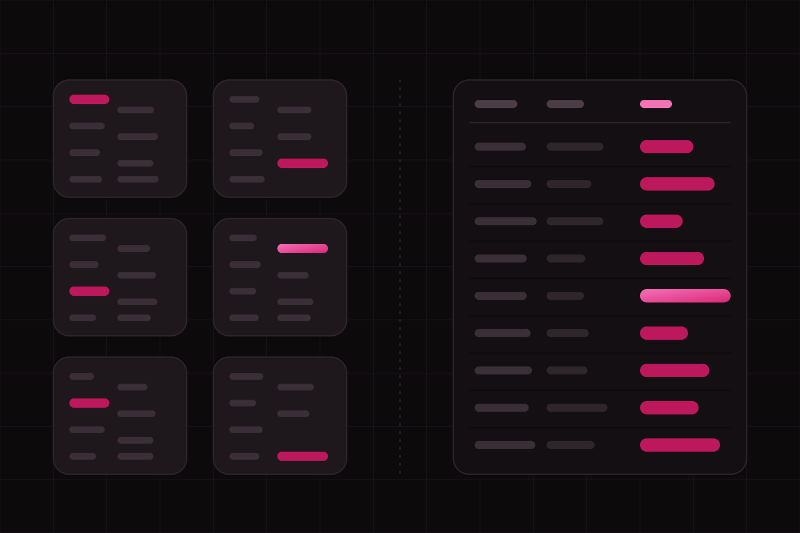 Left, six dark cards in a grid, each with an amaranth bar in a different corner; right, a dark table of nine rows whose amaranth bars line up in one column, the longest one brighter