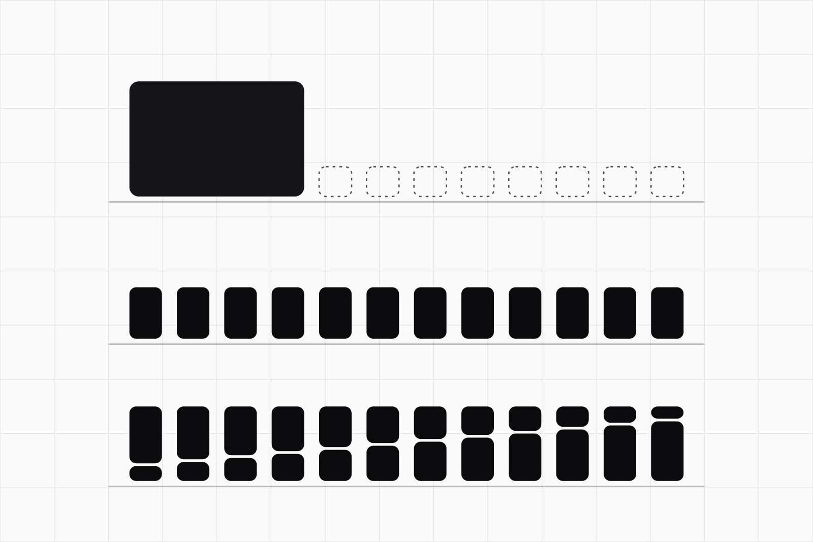 On a white ground, three rows of monthly bars: one tall block then empty months, twelve equal bars, and twelve bars split in two with the lower part growing