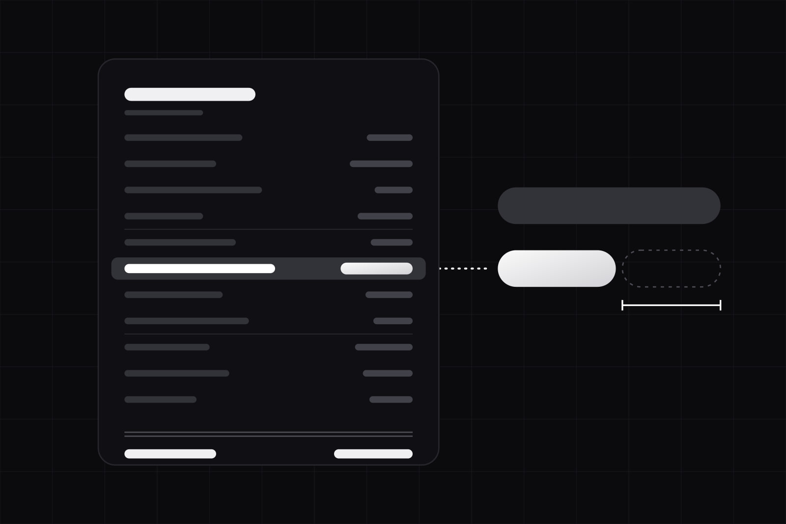 A ledger sheet of quiet rows with one white line item lit, linked to two bars on the right, the lower one about half as long