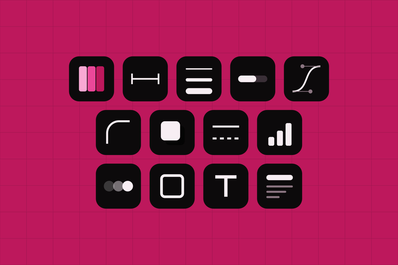 Thirteen dark tiles on an amaranth ground, one showing colour stripes and twelve showing size, weight, timing, easing, shadow and other token types