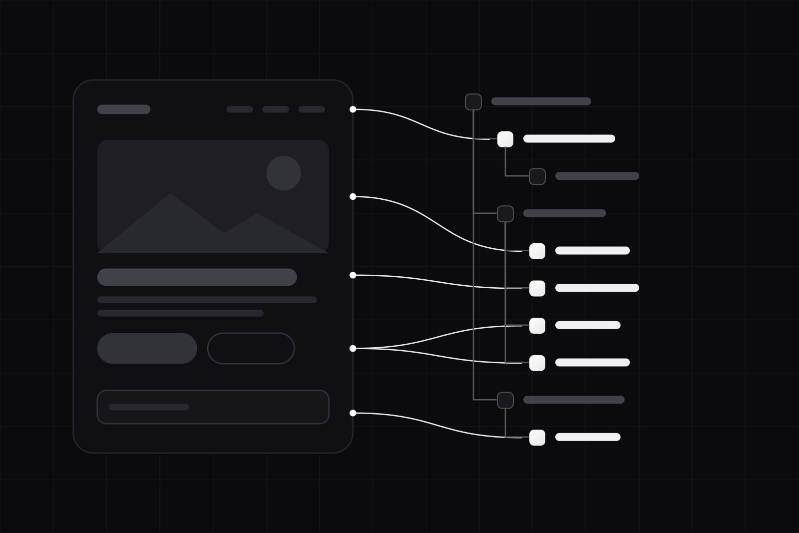 A dim interface screen on the left wired by white lines to a lit, indented tree of nodes on the right