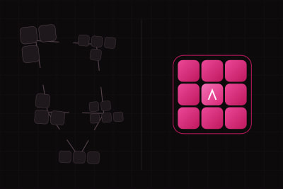 Left, scattered dark tiles in loose clusters joined by broken lines; right, one tight block of amaranth tiles joined as a single shape