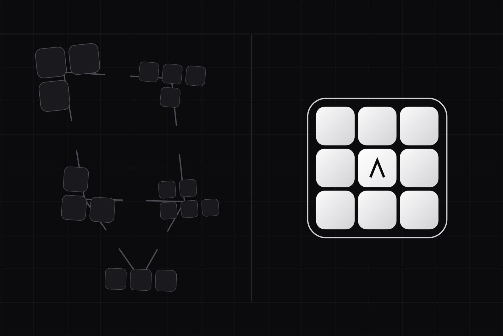 Left, scattered dark tiles in loose clusters joined by broken lines; right, one tight block of white tiles joined as a single shape