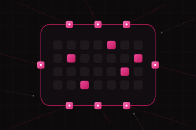 A grid of data tiles inside a rounded amaranth boundary, eight lit checkpoints set into its edge, outside lines ending at them