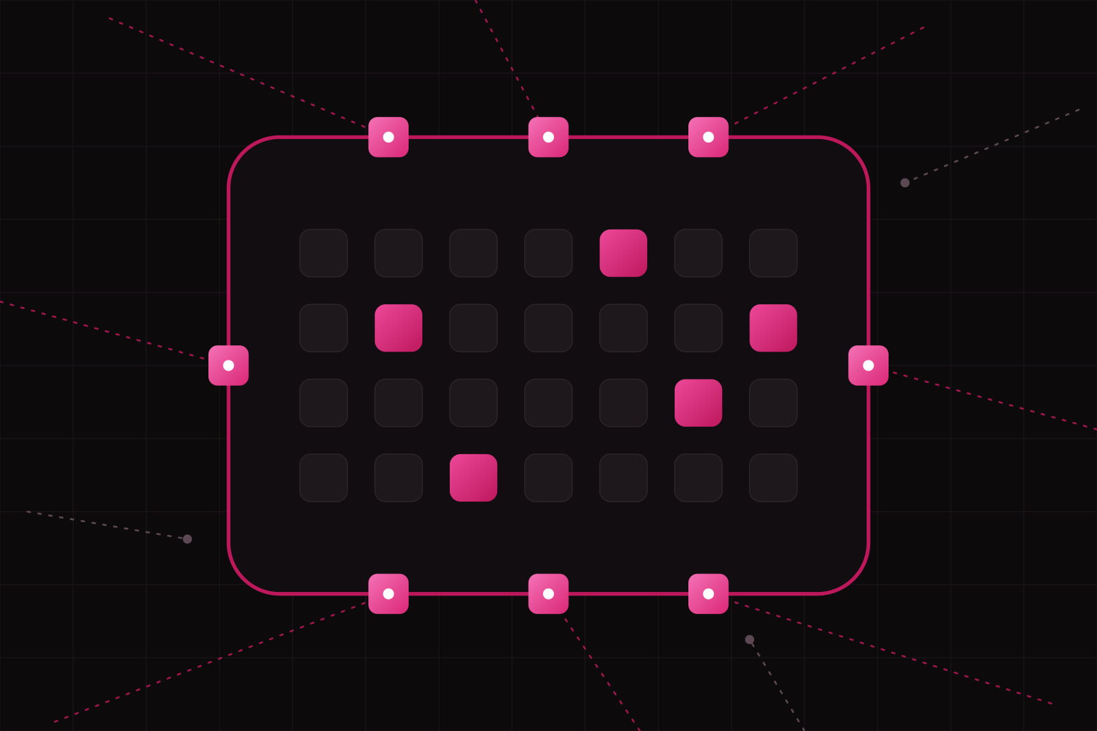 A grid of data tiles inside a rounded amaranth boundary, eight lit checkpoints set into its edge, outside lines ending at them