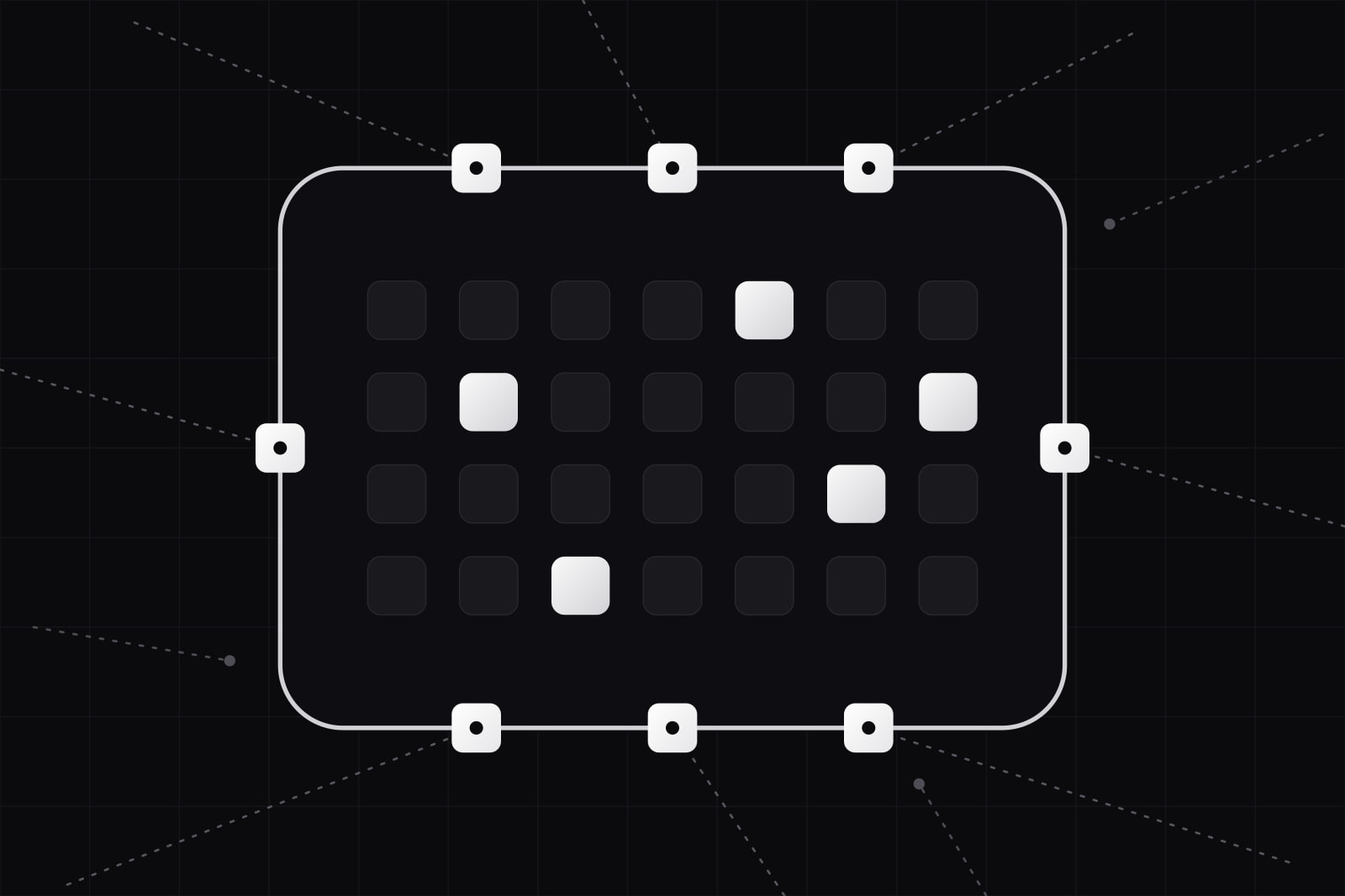 A grid of data tiles inside a rounded white boundary, eight lit checkpoints set into its edge, outside lines ending at them