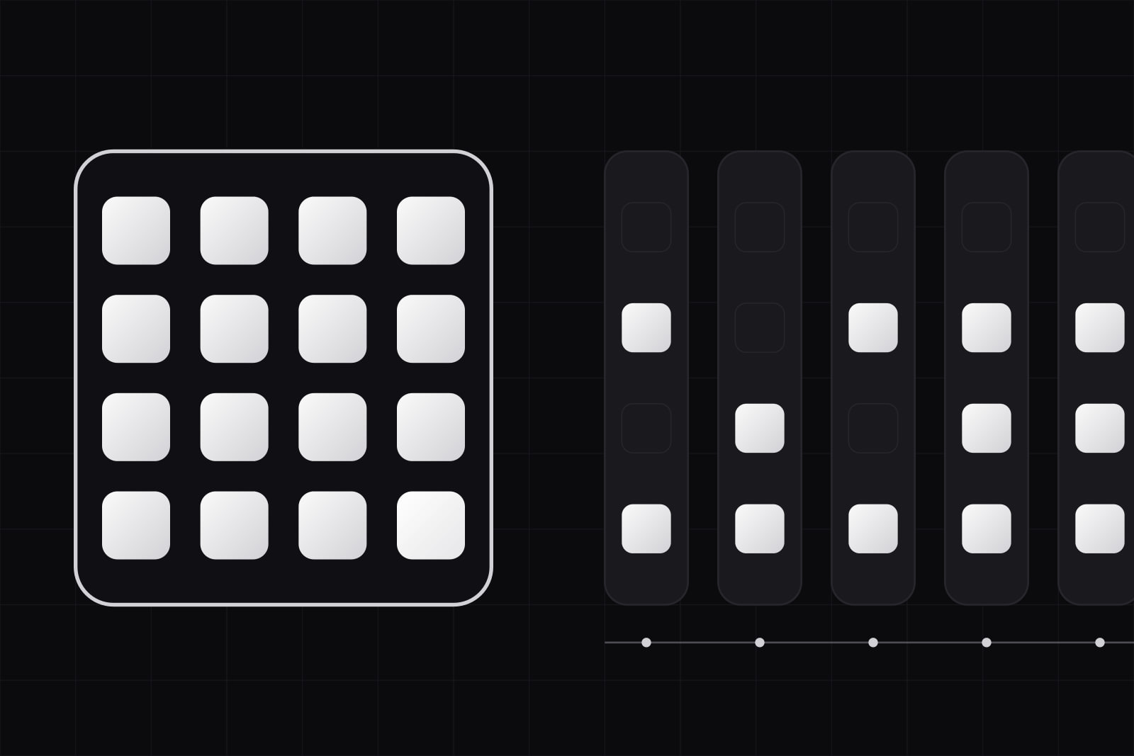 On the left a closed white-outlined frame holding a four by four grid of white tiles; on the right a row of tall dark slots of the same height, each holding four small tiles with a different few lit white, the row running off the right edge along a thin line
