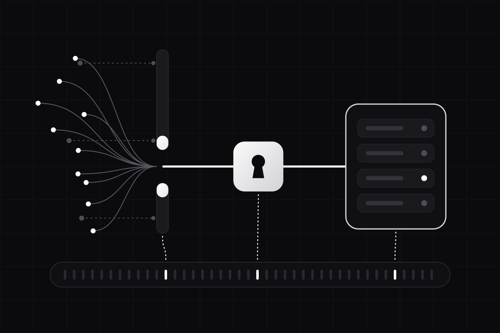Scattered requests converging on the single opening in a wall, passing a lit lock tile into a server panel, with dotted lines dropping to a long audit strip below