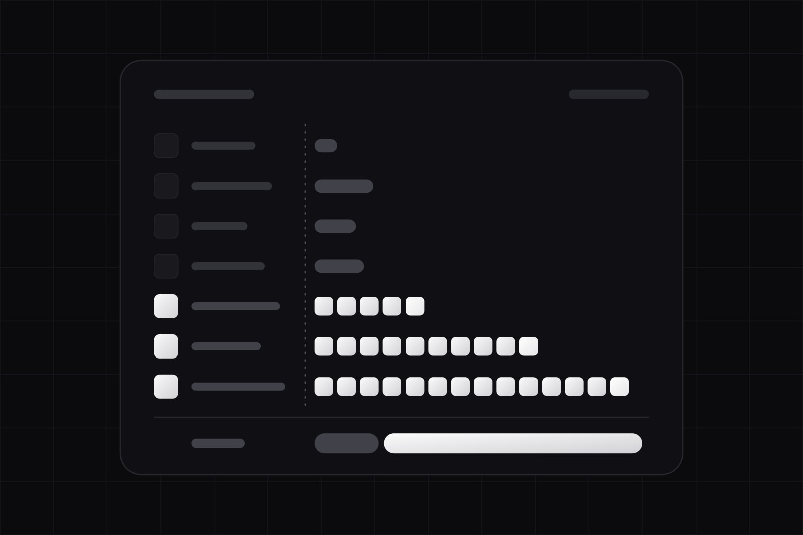 A dark ledger sheet with seven rows: four short grey bars beside dark tiles, then three long chains of small white blocks beside lit tiles; under a rule, a total bar that is a short grey part followed by a long white part