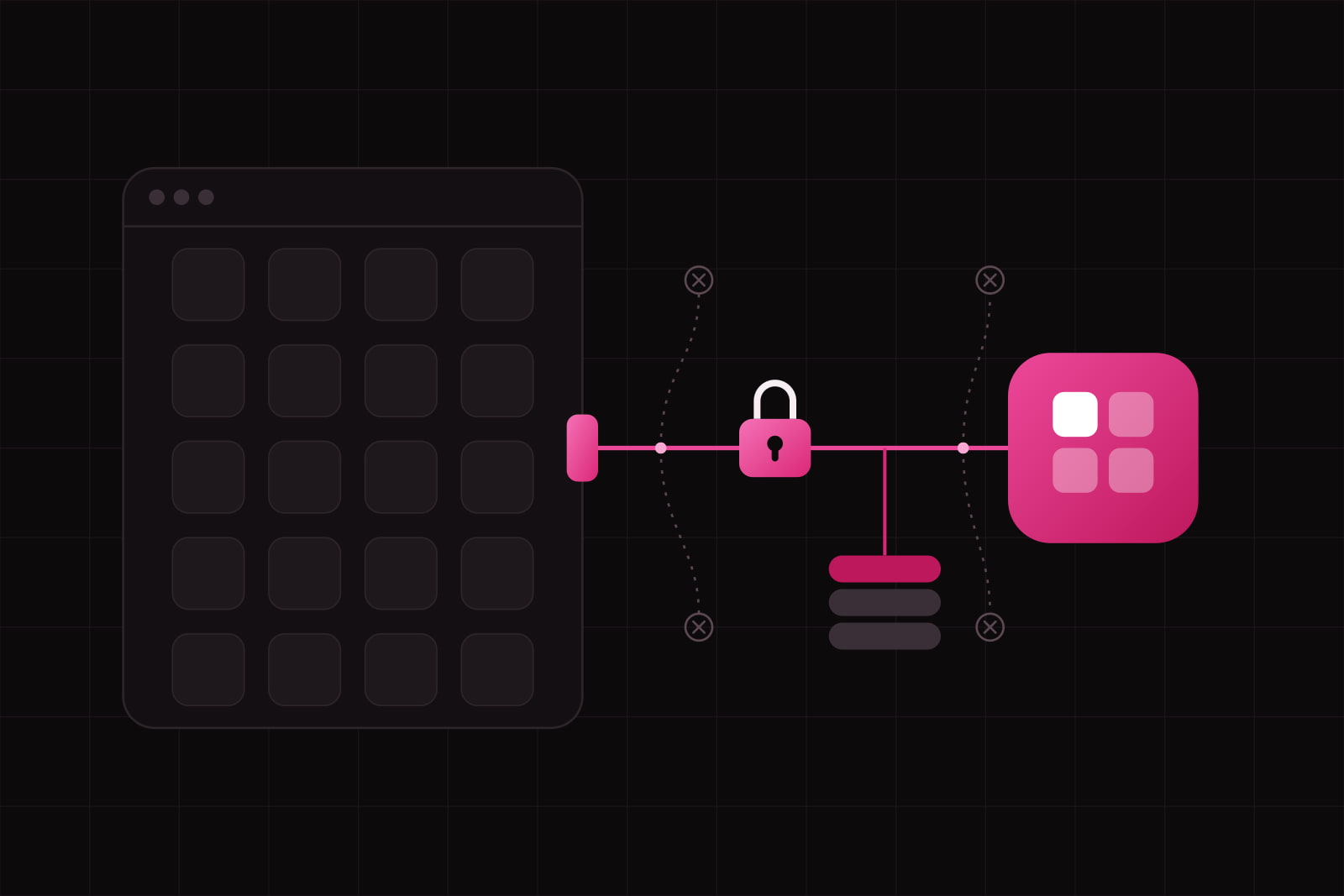 A dark app window with a lit port on its right edge; a line from it passes a lit lock, with a stack of pills hung below, to a large lit tile; four dashed branches end in hollow rings