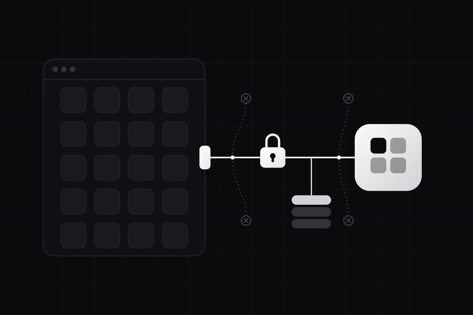A dark app window with a lit port on its right edge; a line from it passes a lit lock, with a stack of pills hung below, to a large lit tile; four dashed branches end in hollow rings