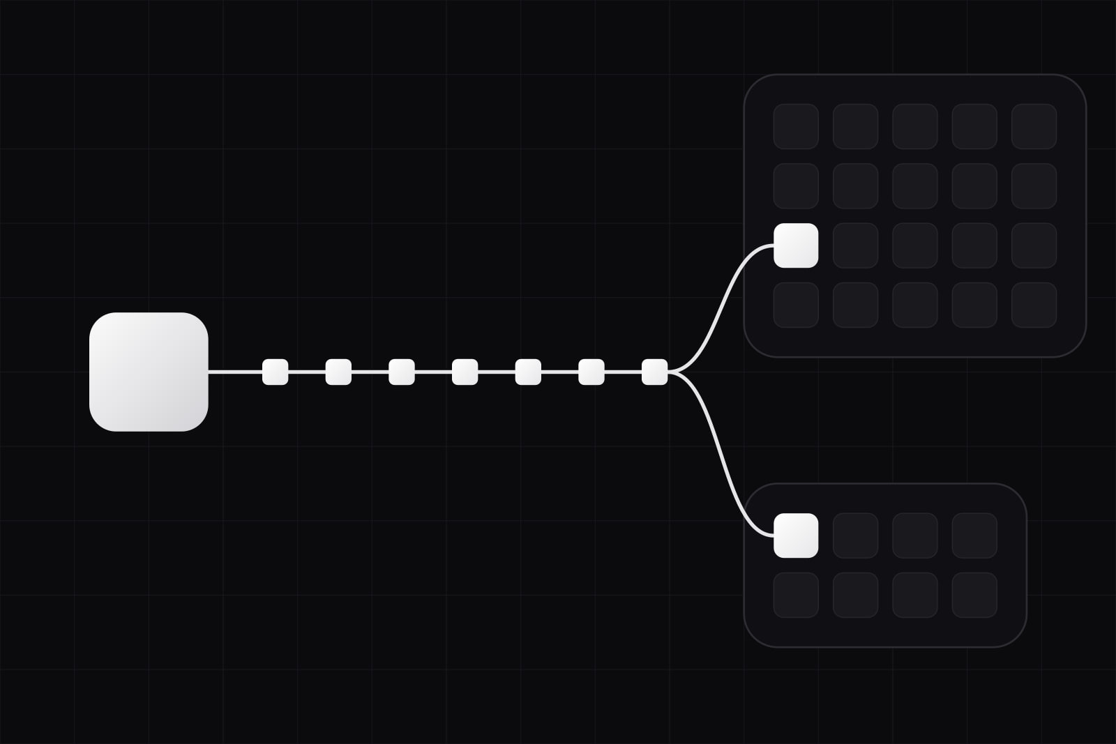 A large white tile on the left sends one white line through seven small lit checkpoints; past them the line forks into two grids of dark tiles on the right, a large one above and a smaller one below, ending on the one lit tile in each