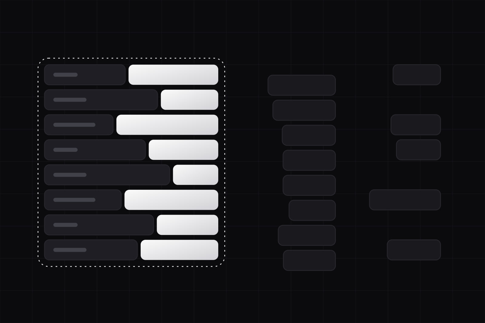 Eight stacked dark bars of different lengths meeting a lit counterpart that fits them exactly, and on the right two dark stacks whose edges do not match