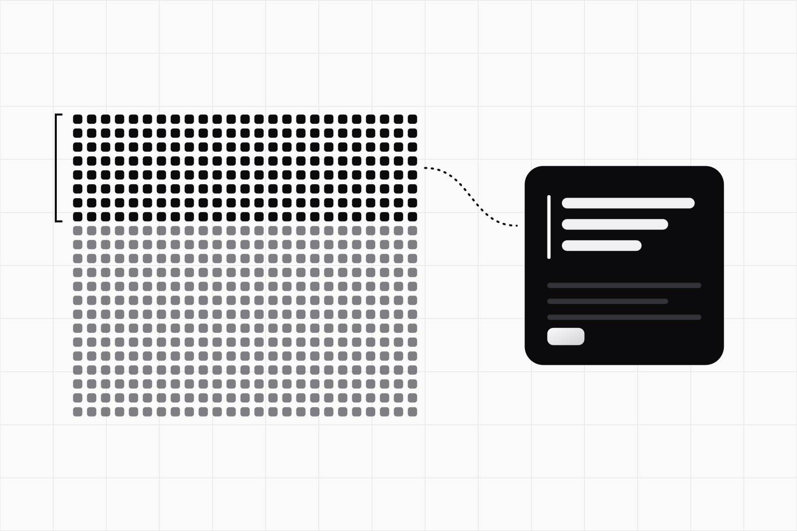 On a white ground, a grid of small squares whose first two hundred are black and the rest grey, a line running from the black block to a black quote card