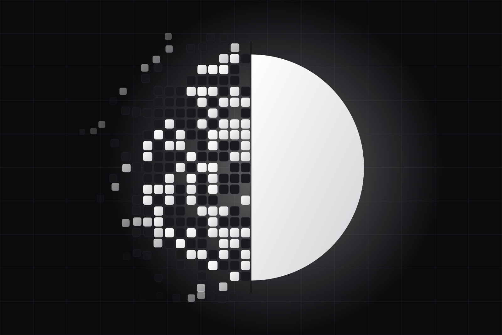 A large circle split down the middle: its left half a loose mosaic of small dark and white tiles scattering outward, its right half one smooth glowing white surface