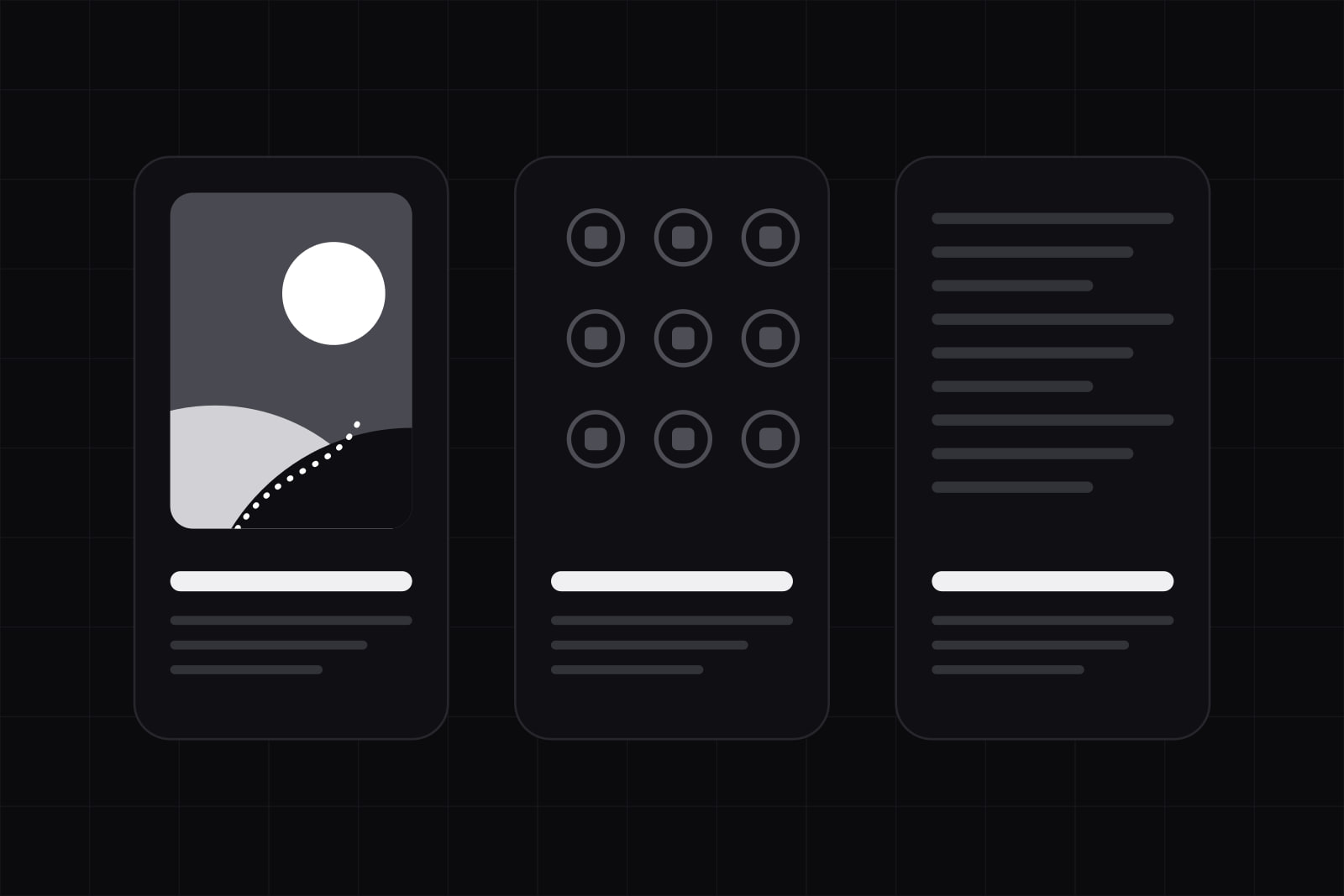 Three screen cards: one with a composed white illustration, one with a grid of identical stock marks, one with text only