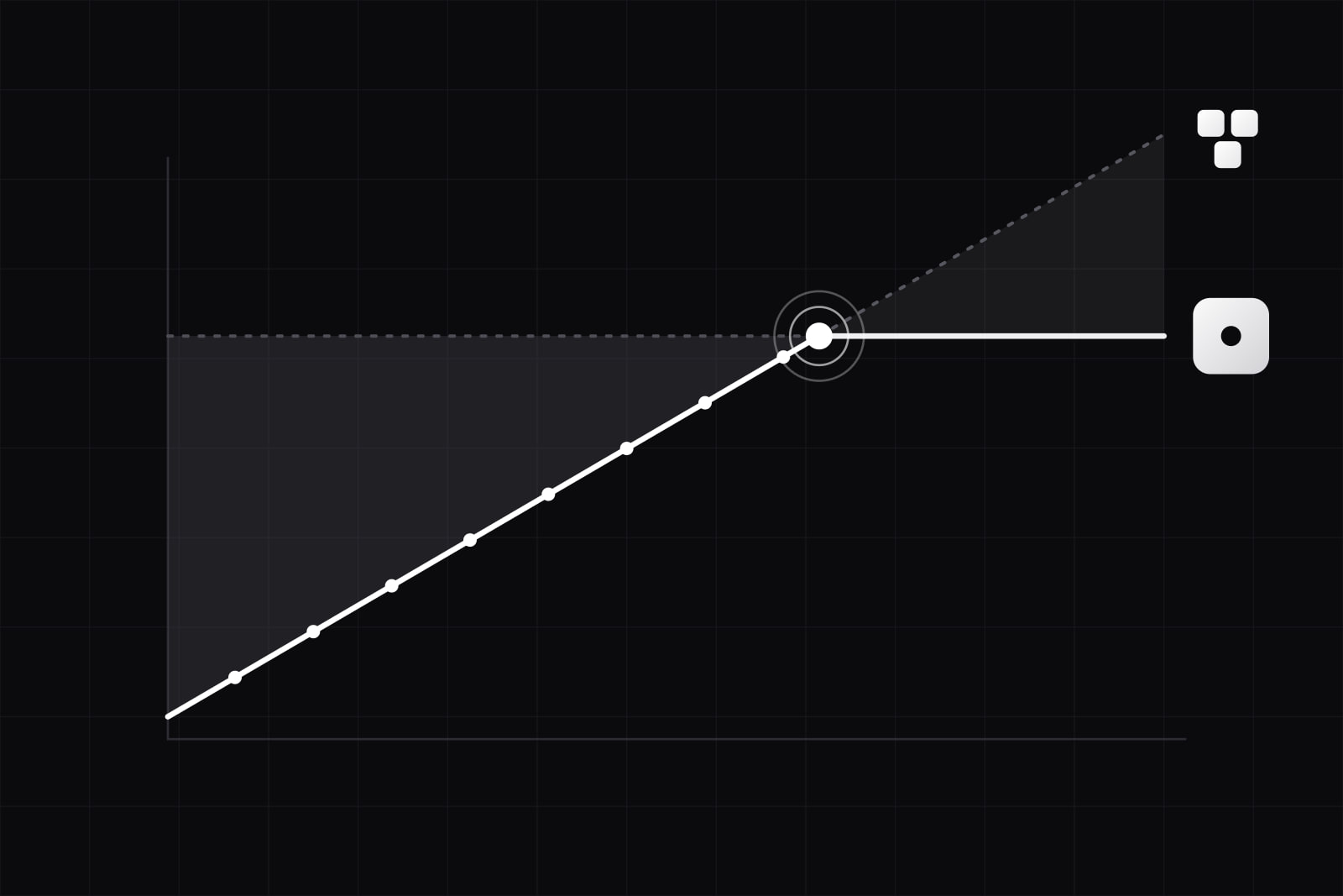 Two lines on a chart, a rising one and a flat one, each bright only where it is lower, crossing at a ringed point, a cluster of small tiles and one single tile at their ends